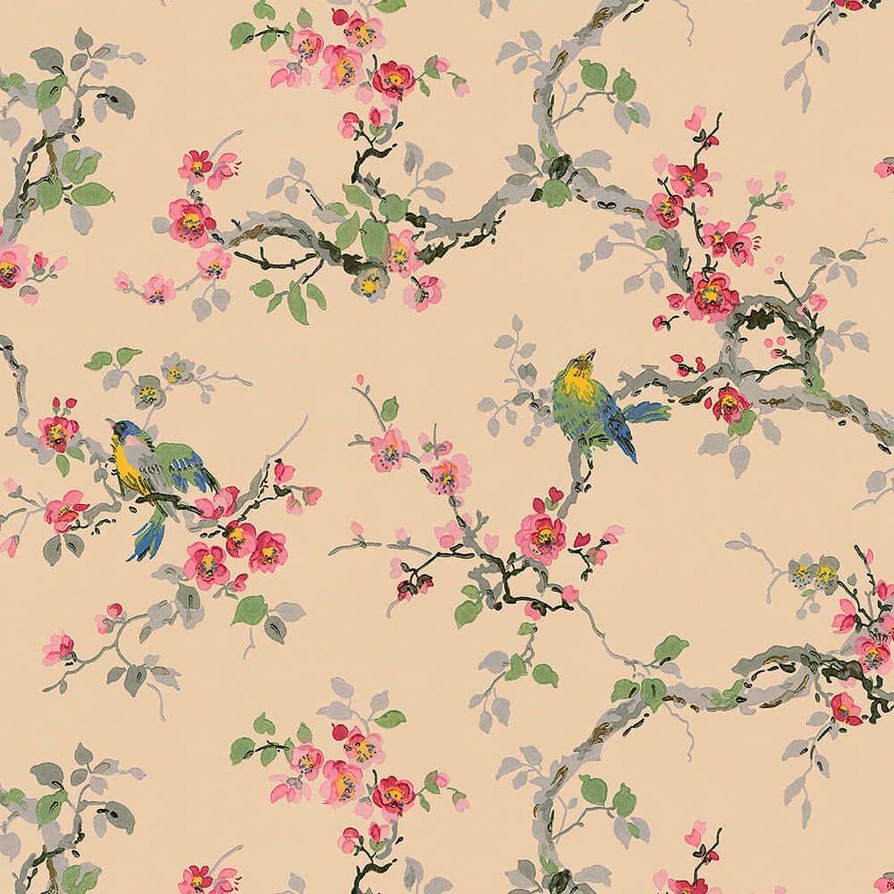 vintage floral bird pattern, 1920s, pink flowers, SD Desktop Wallpaper