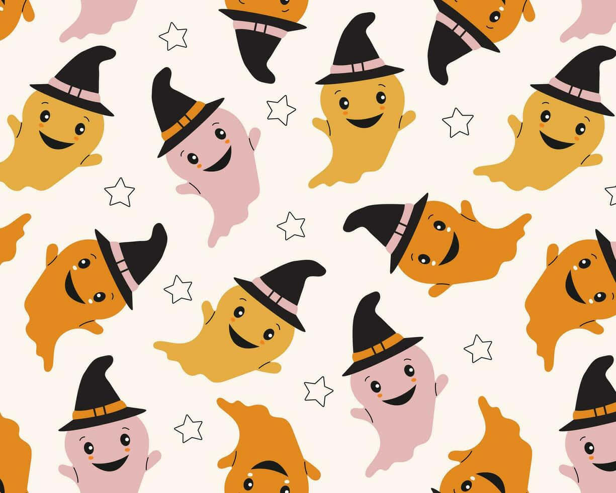 Pastel Halloween Ghost Pattern, cartoon ghosts, witch hats, SD Desktop Wallpaper