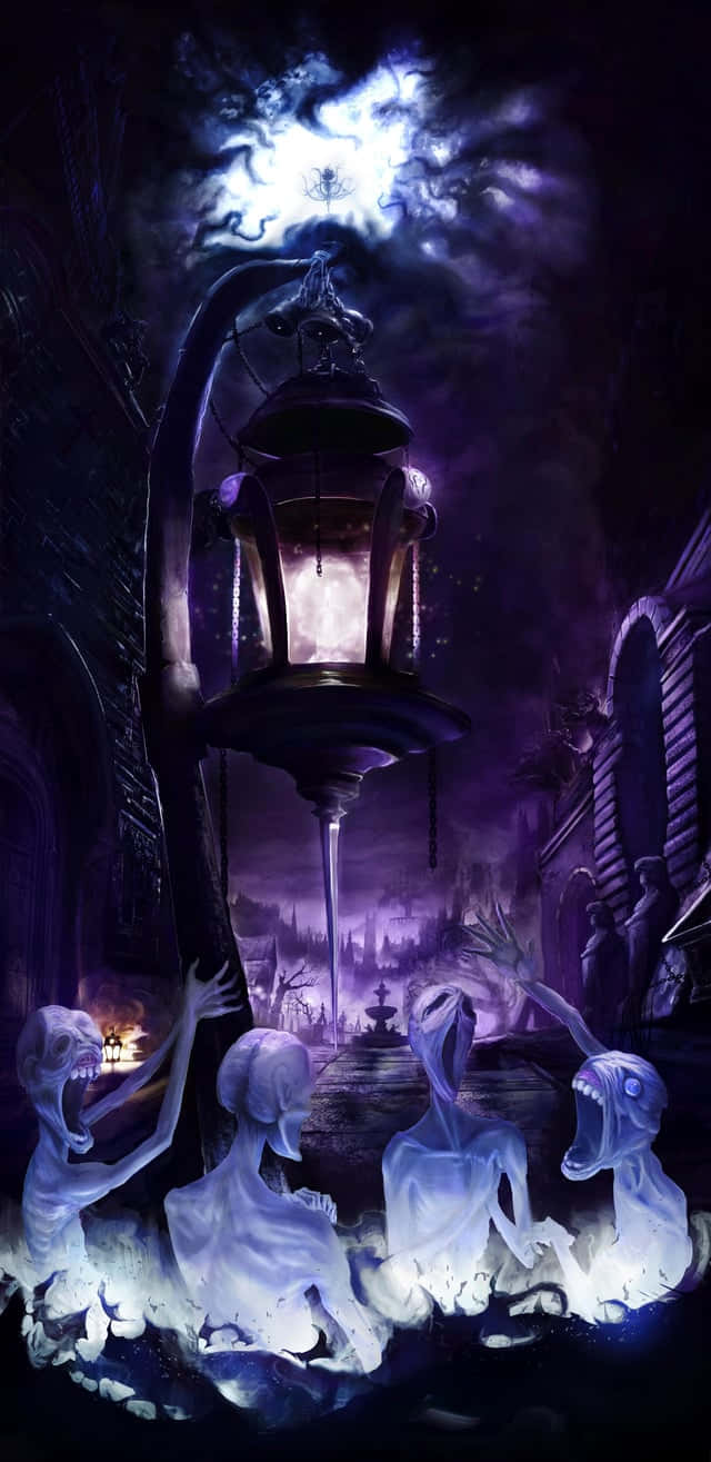 Gothic Lanternand Ghosts Artwork, floating lantern, glowing ghostly figures, HD Phone Wallpaper