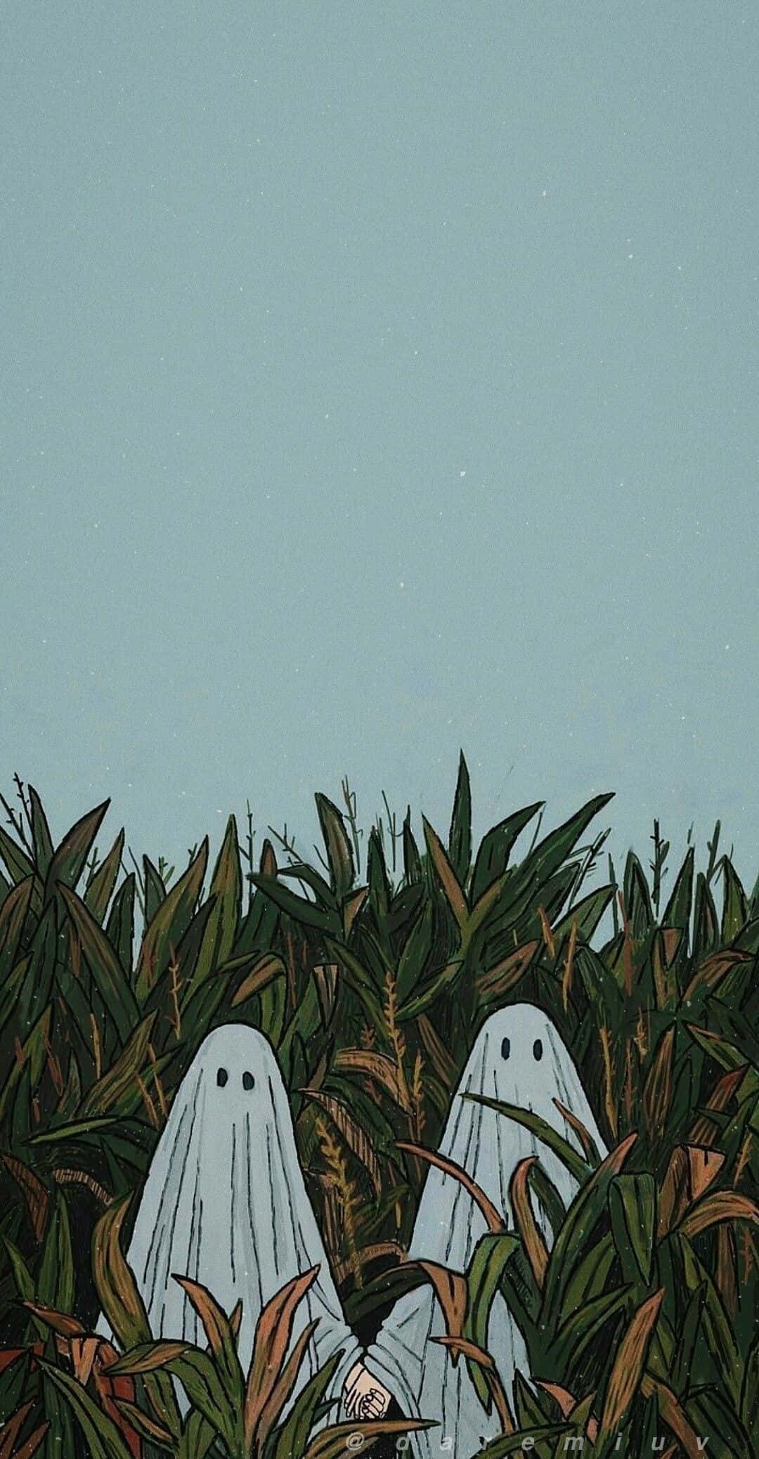 whimsical ghostly friendsin cornfield, minimalist white ghosts, tall dark green cornstalks, Full HD Phone Wallpaper