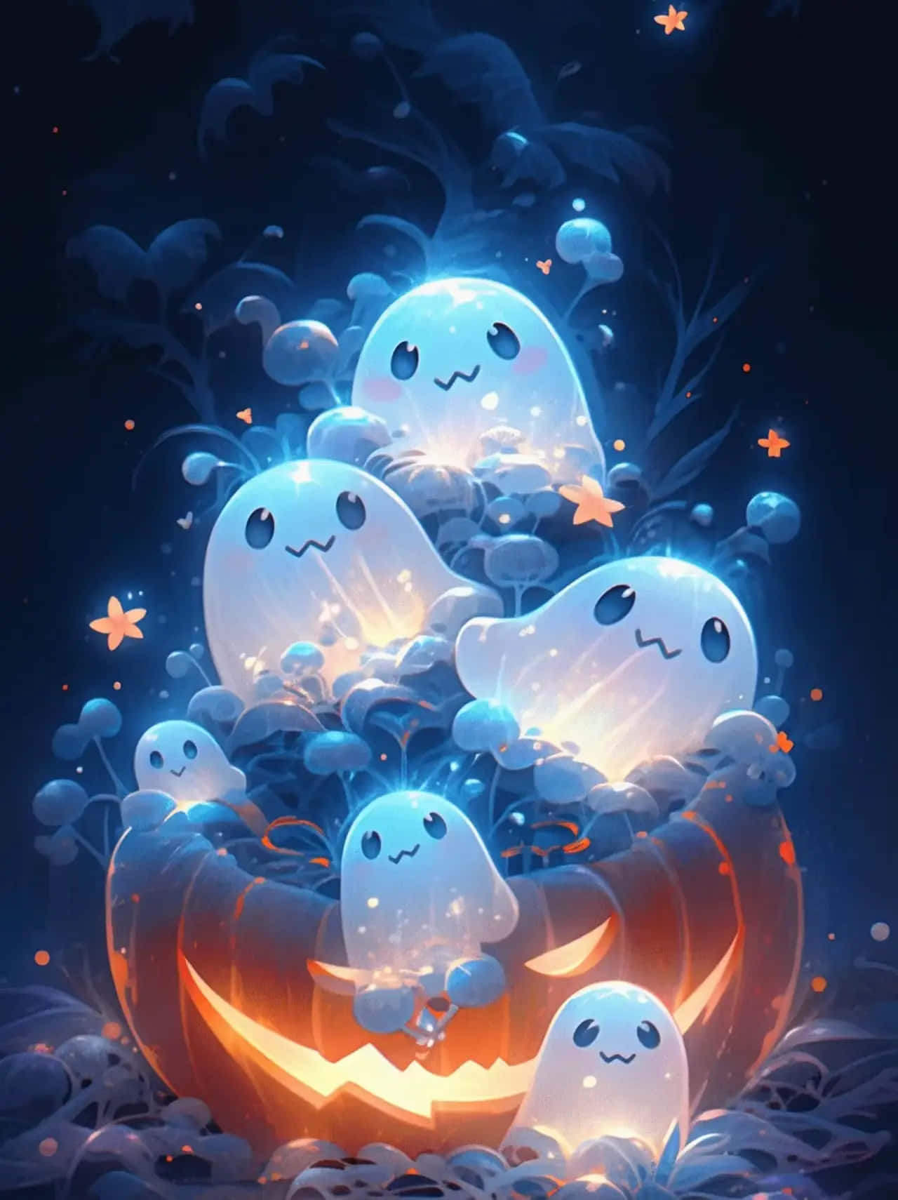 glowing blue ghosts, smiling faces, carved orange pumpkin, HD Phone Wallpaper