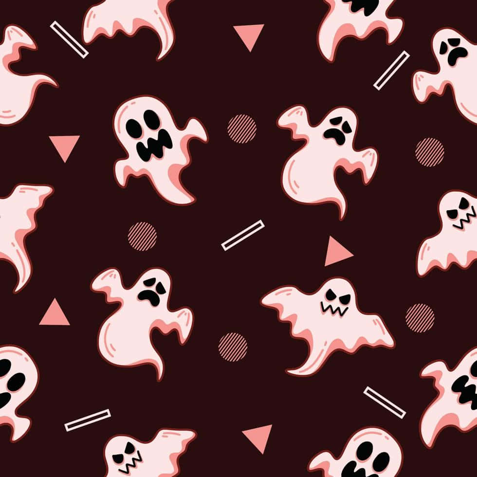 retro ghost pattern, dark maroon background, pink cartoon ghosts, SD Desktop Wallpaper