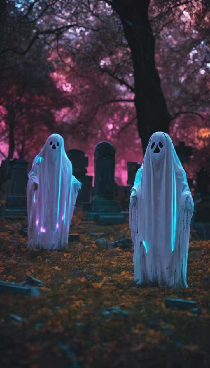 ghost figures, cemetery, autumn leaves, SD Phone Wallpaper