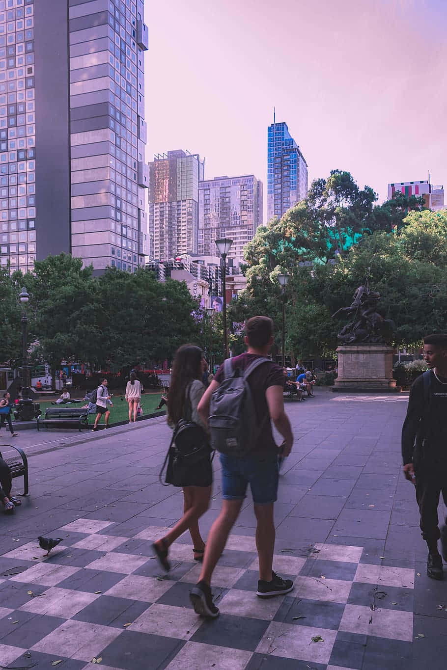 checkered plaza, skyscrapers, lush trees, HD Phone Wallpaper