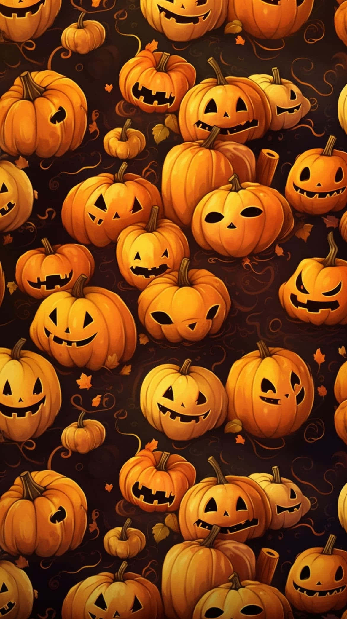 Vintage Halloween Pumpkin Patterni Phone, glowing orange jack-o'-lanterns, varied spooky grins, Full HD Phone Wallpaper