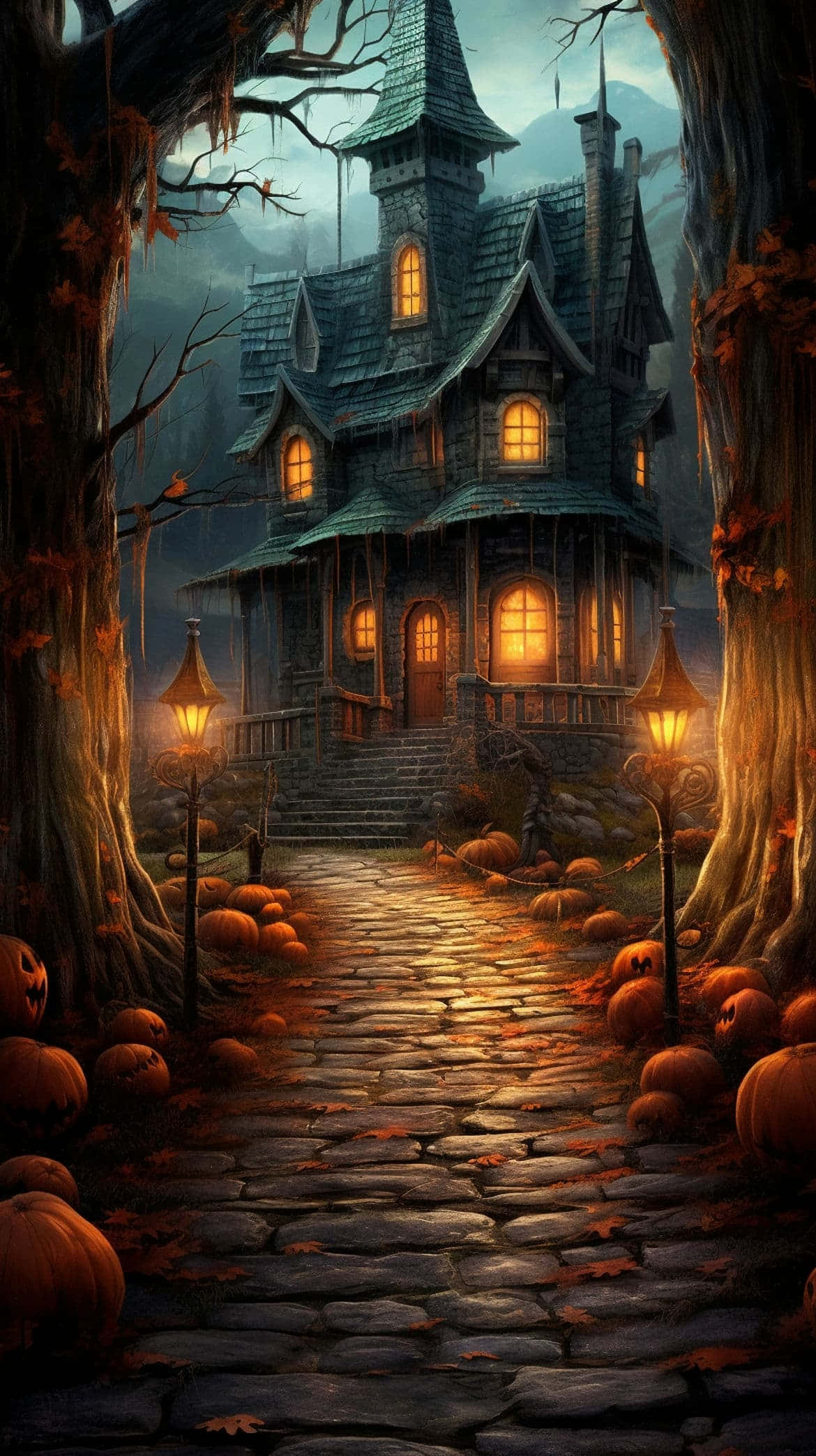haunted house, glowing windows, cobblestone path, Full HD Phone Wallpaper