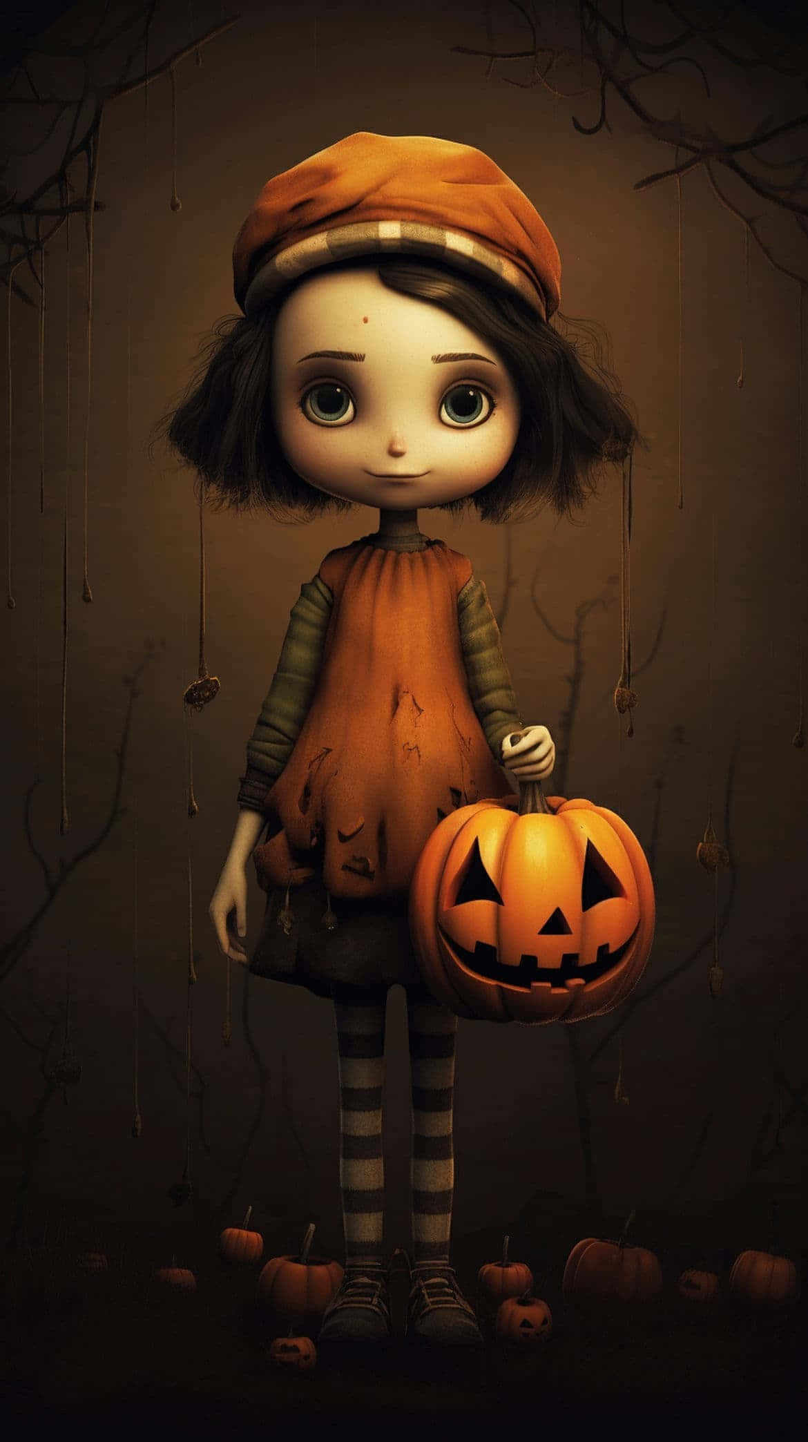 Vintage Halloween, anime style character, pumpkin, Full HD Phone Wallpaper