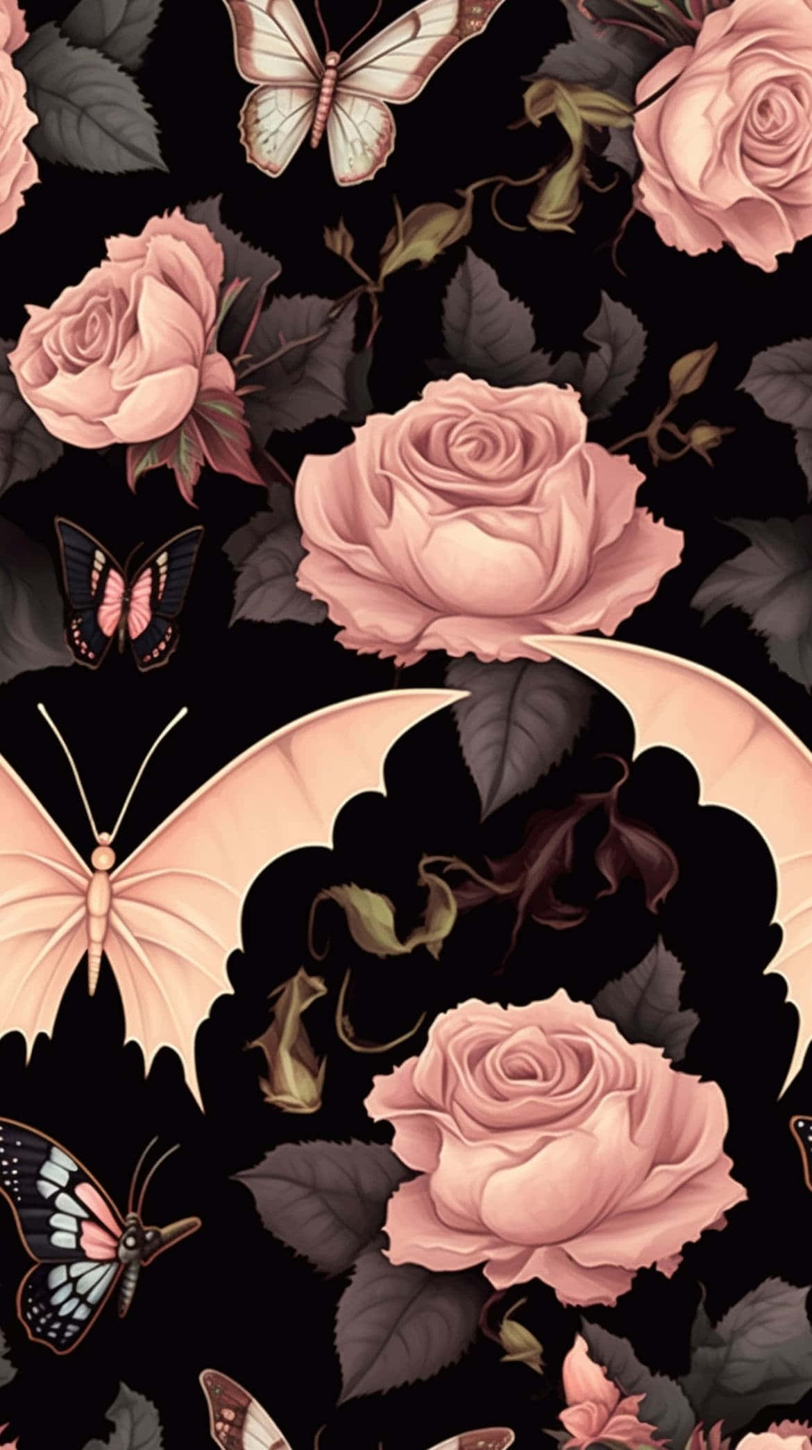 vintage rose and butterfly pattern, Halloween iPhone, pink roses, Full HD Phone Wallpaper