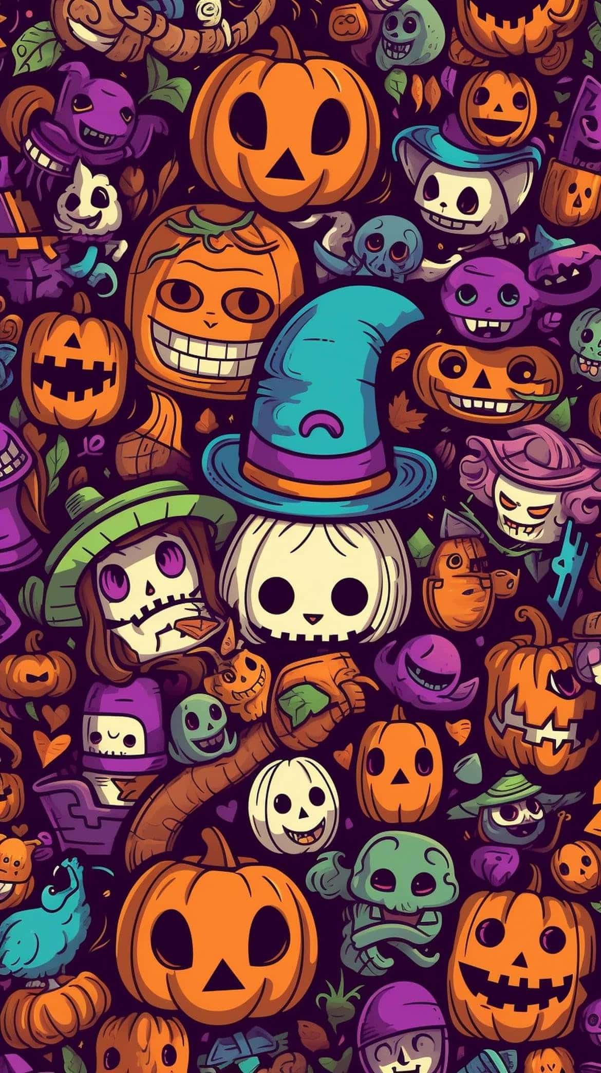 Halloween, cartoonish pumpkins, skulls, Full HD Phone Wallpaper
