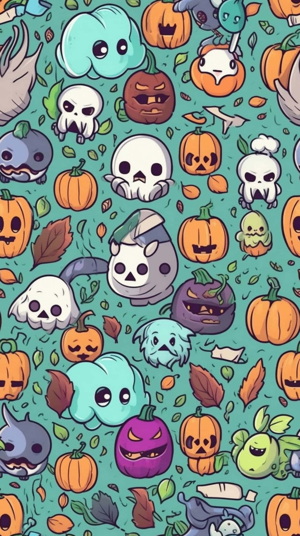 Vintage Halloween, teal background, cartoon pumpkins, Full HD Phone Wallpaper