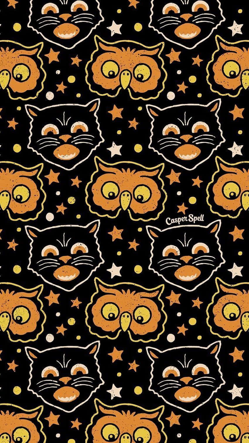 Vintage Halloween Catsand Owls Pattern, black cats, orange owls, HD Phone Wallpaper