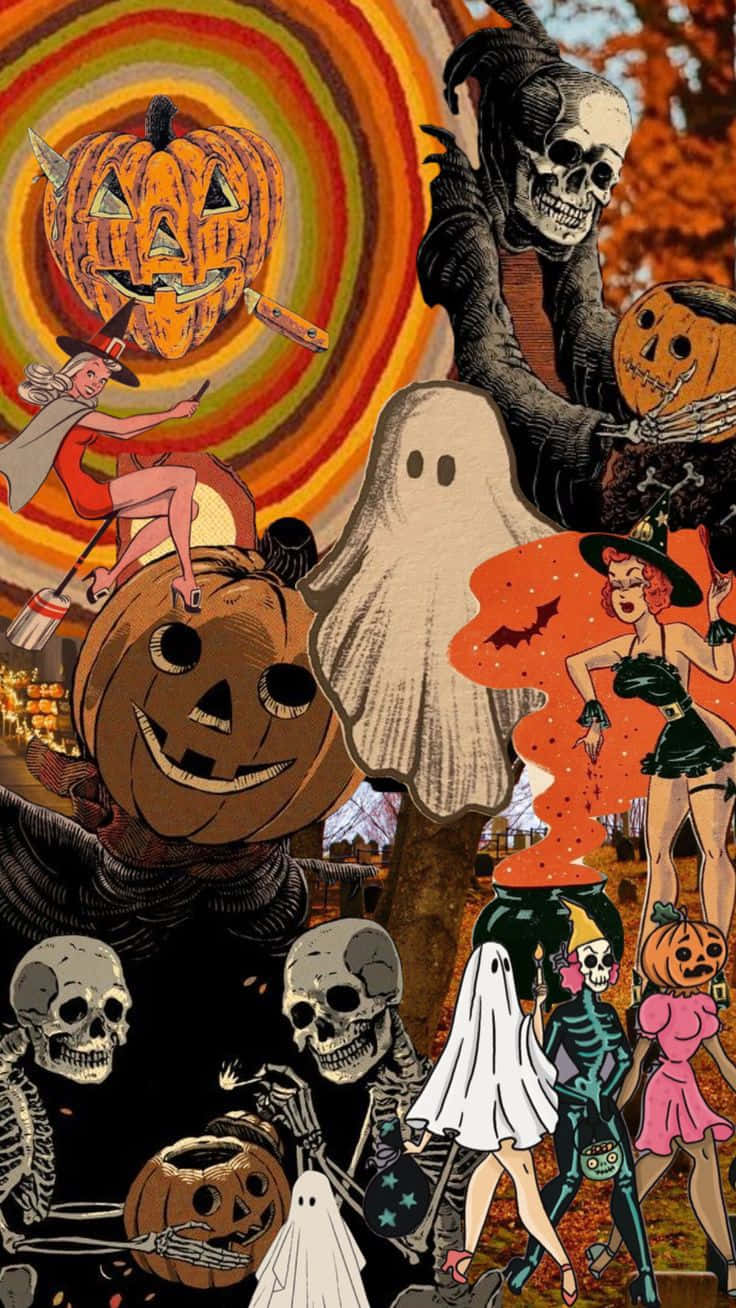 Vintage Halloween Collagei Phone, witches, skeletons, HD Phone Wallpaper