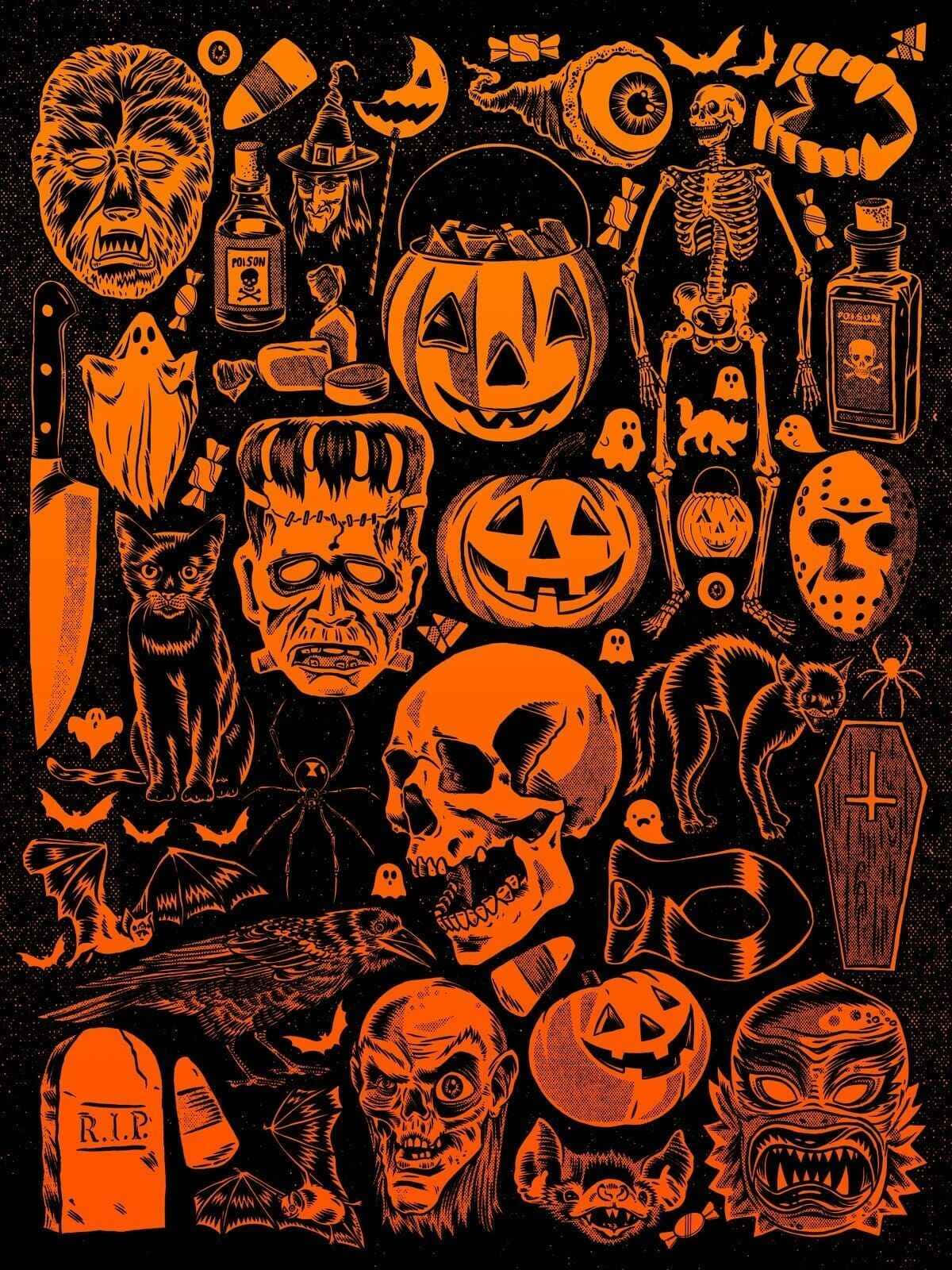 vintage halloween, orange, skulls, HD Phone Wallpaper