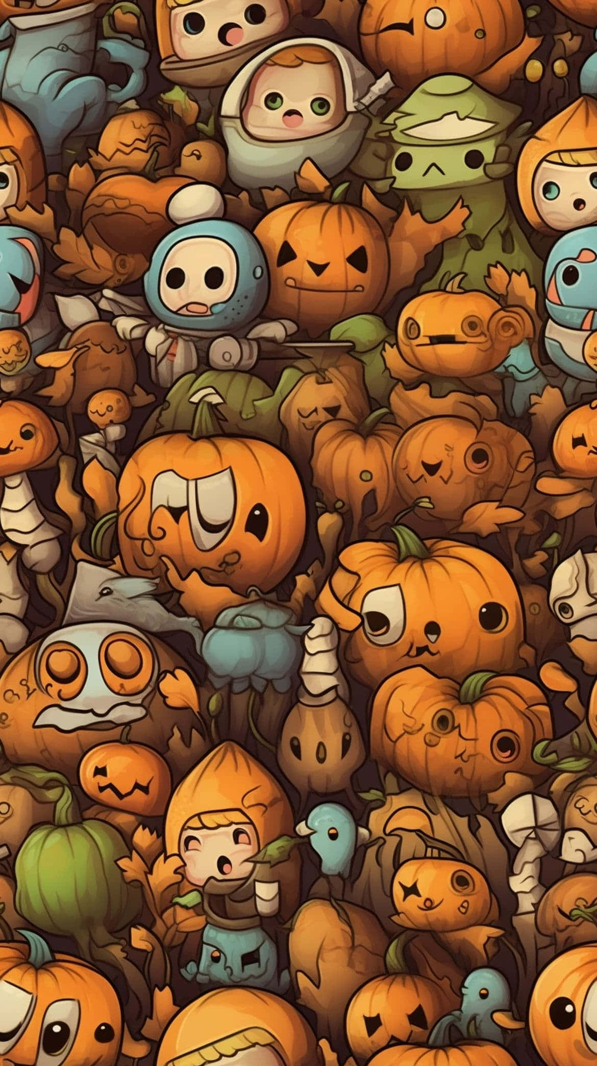 cartoon pumpkins, Halloween characters, warm autumn tones, Full HD Phone Wallpaper