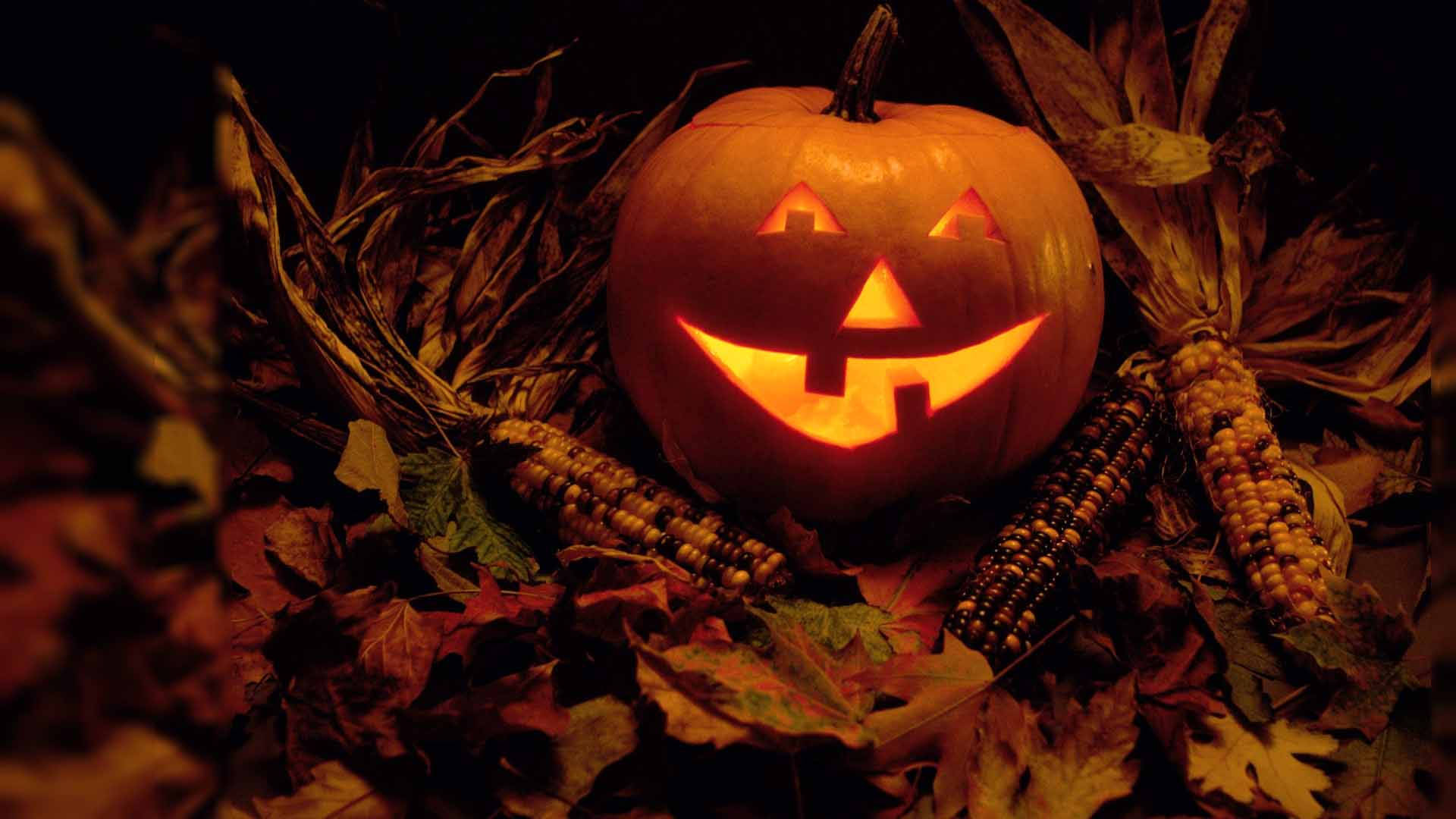 Vintage Halloween, jack-o'-lantern, autumn leaves, Full HD Desktop Wallpaper