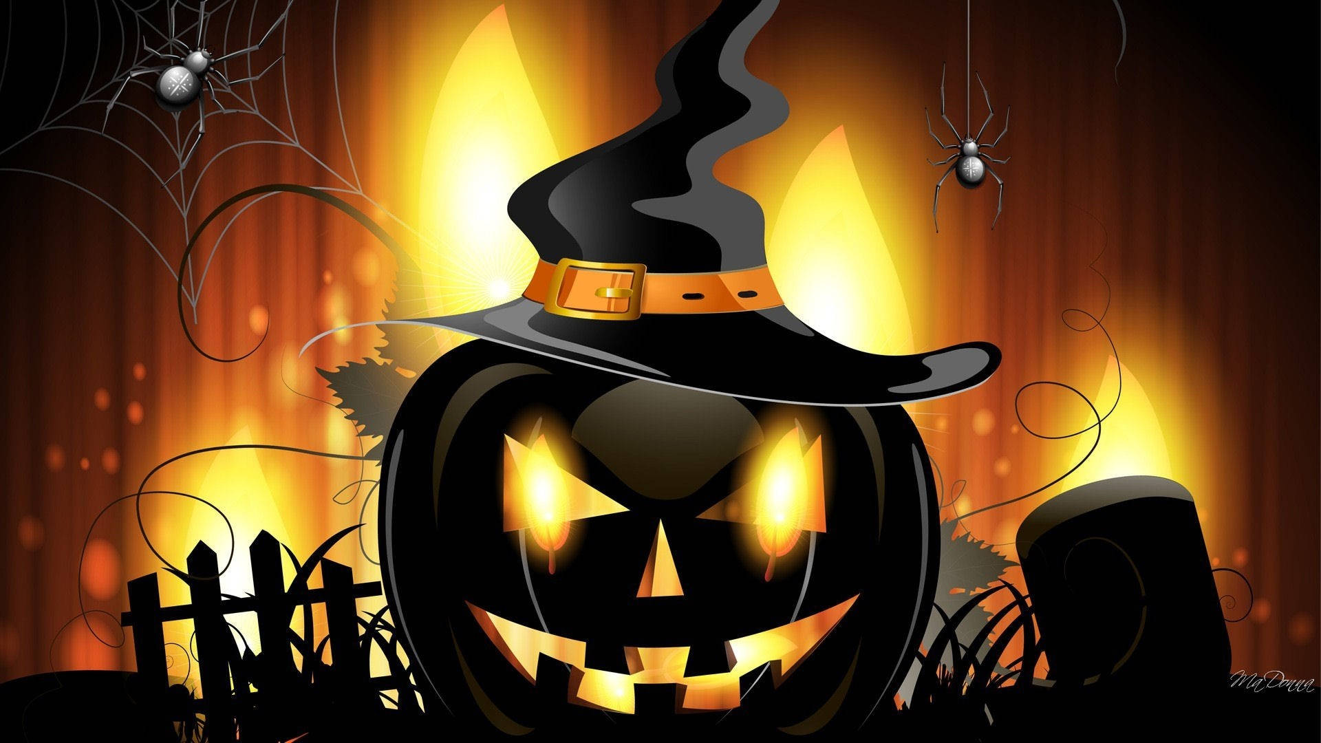 Vintage Halloween, black pumpkin lantern, witch's hat, Full HD Desktop Wallpaper