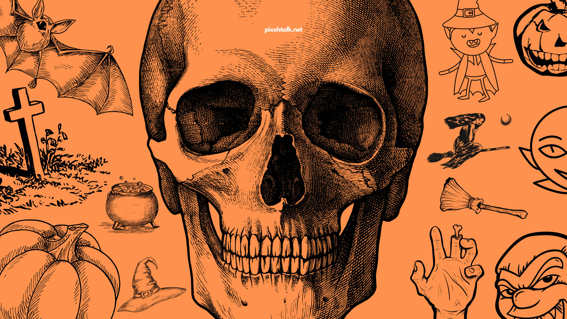 Vintage Halloween, skull head, orange background, Full HD Desktop Wallpaper
