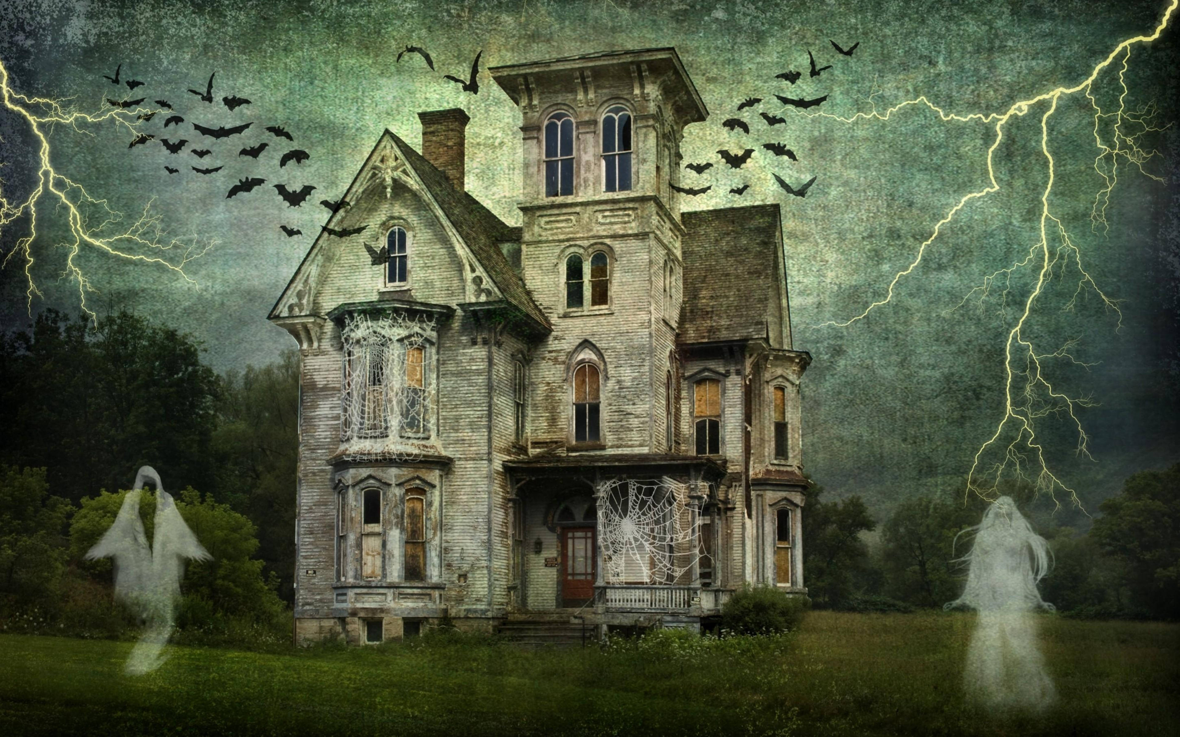 Vintage Halloween, Victorian mansion, ghostly figures, 4K Desktop Wallpaper