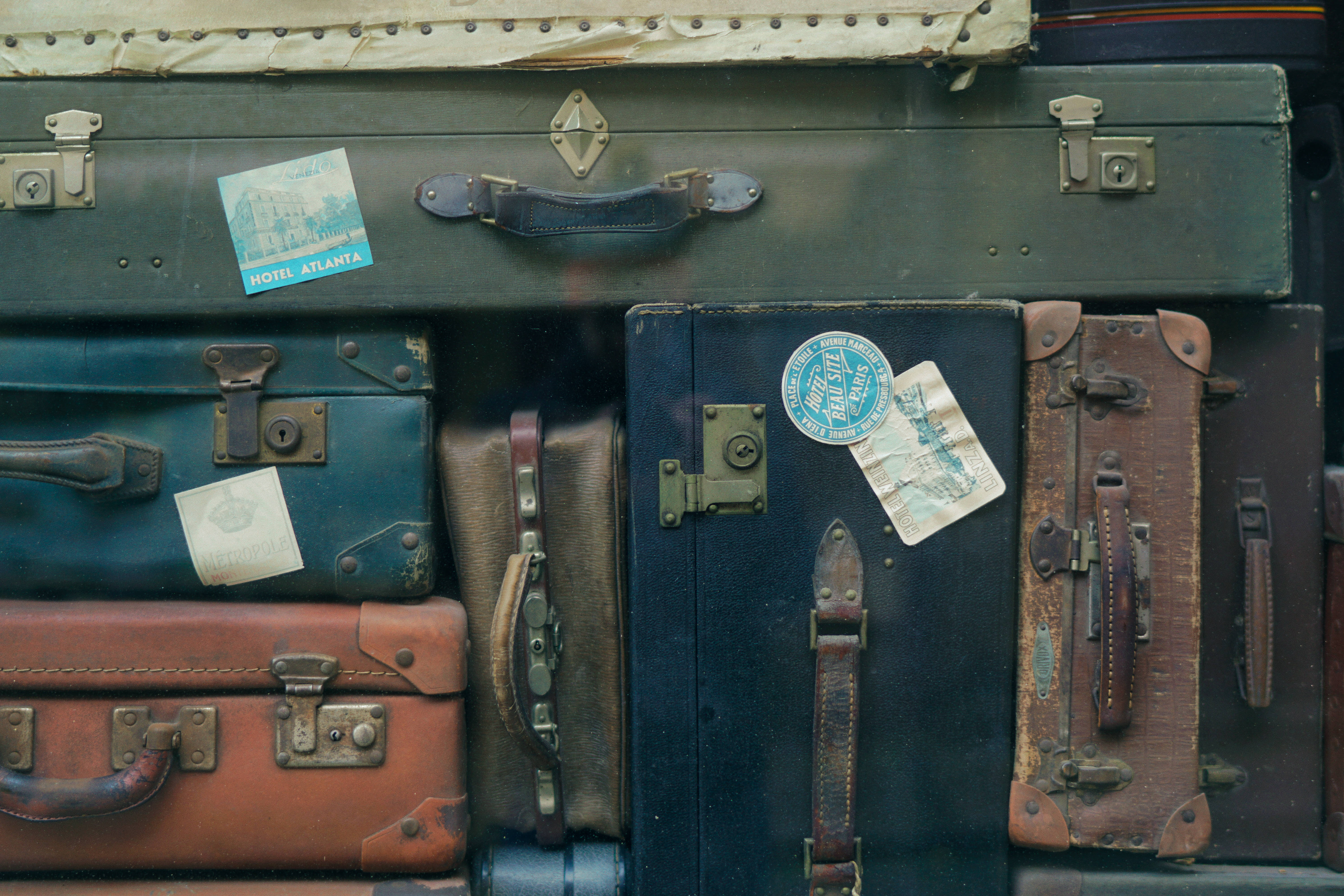 vintage suitcases, earthy tones, travel stickers, 5K Desktop Wallpaper