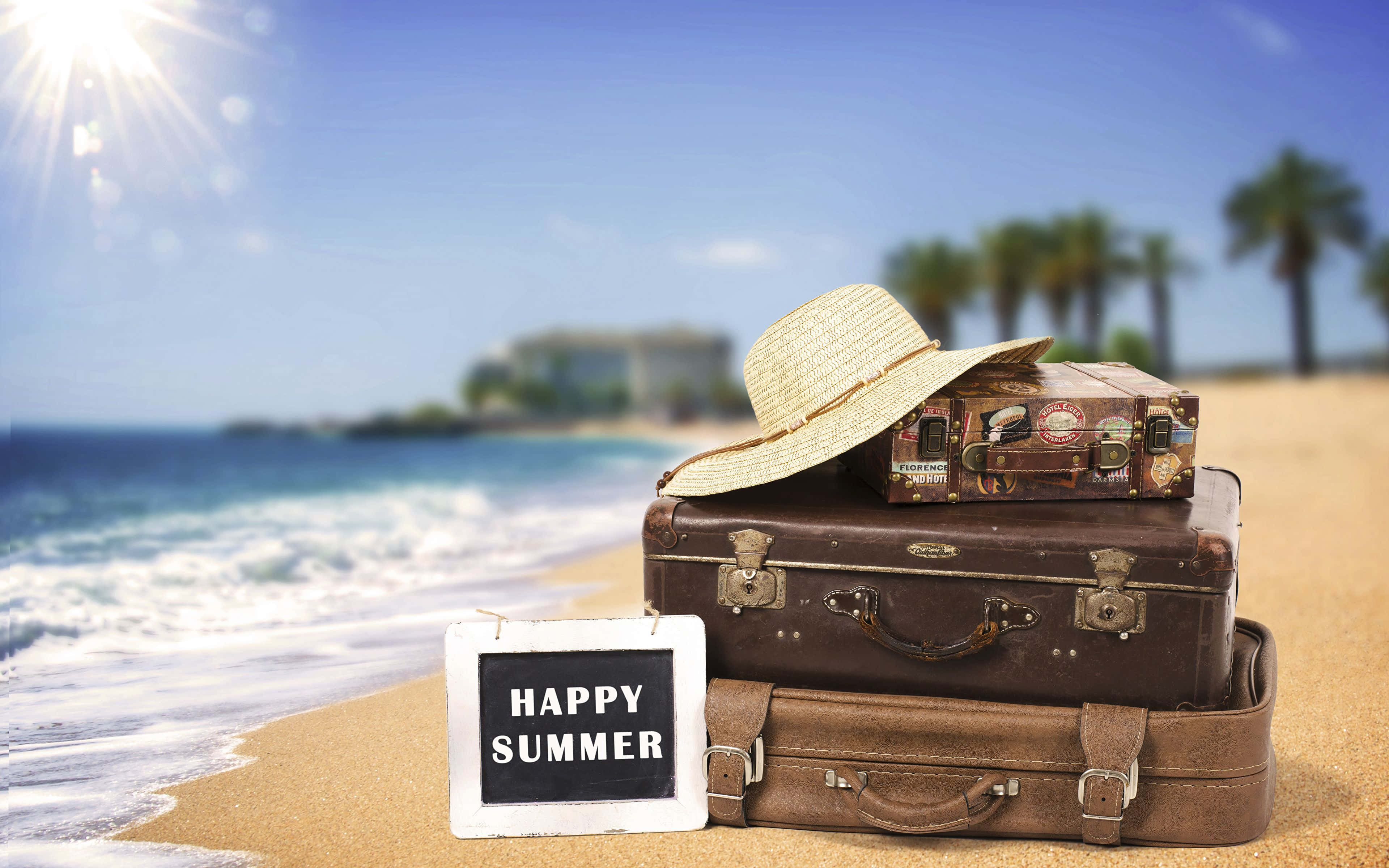 retro vintage suitcases, straw hat, sandy beach, 4K Desktop Wallpaper
