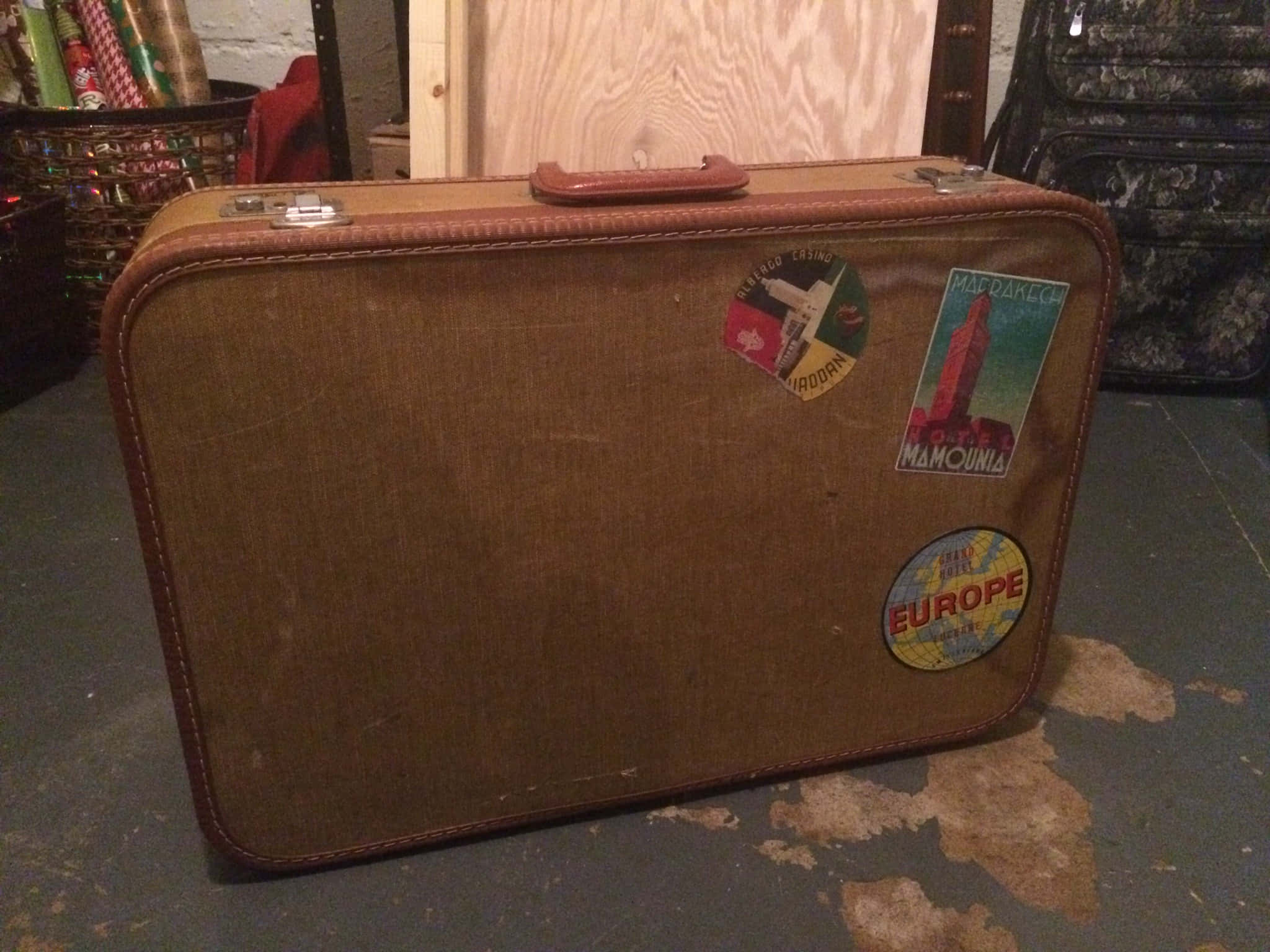 retro brown suitcase, travel stickers, worn floor, Full HD Desktop Wallpaper
