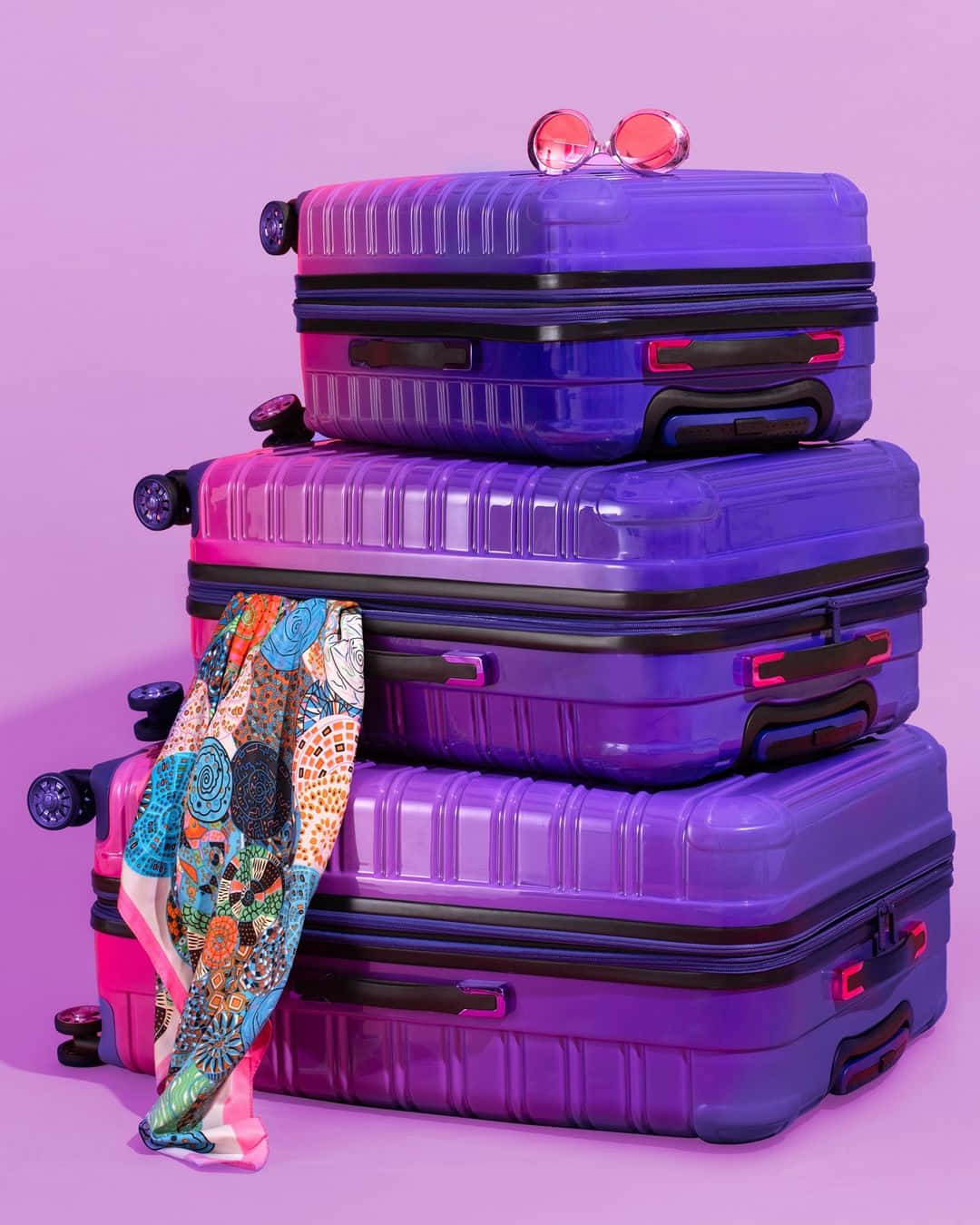 stacked purple suitcases, red sunglasses, colorful scarf, HD Phone Wallpaper