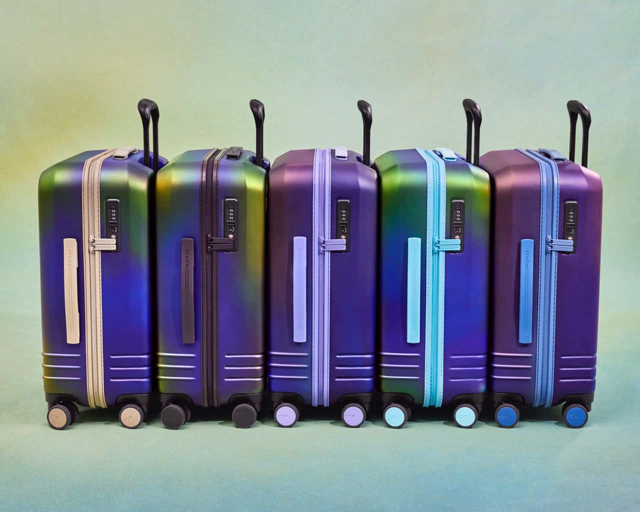 gradient purple suitcases, purple green and blue hues, soft teal background, HD Desktop Wallpaper