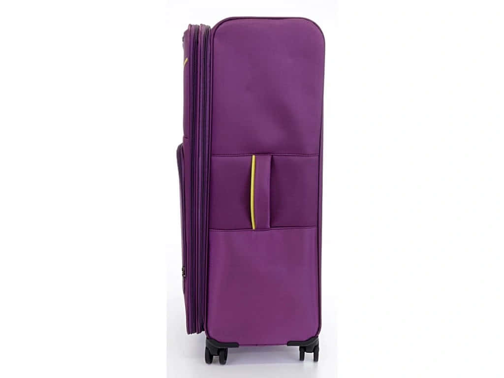 purple upright suitcase, gold zipper accents, black wheels, SD Desktop Wallpaper
