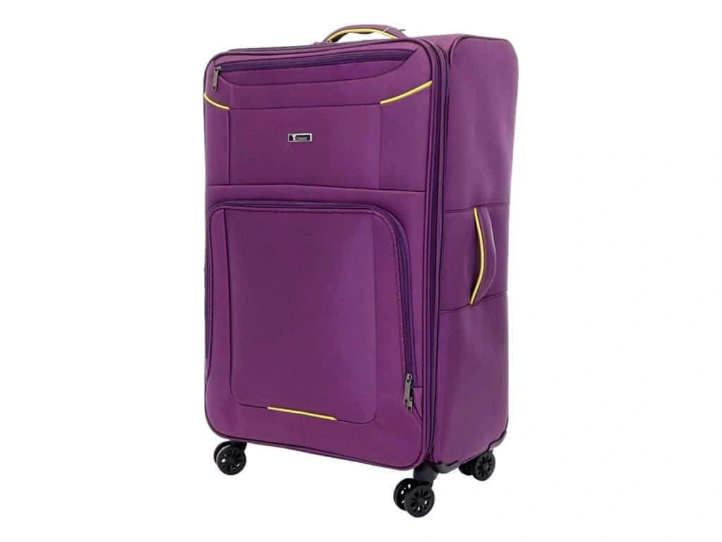 purple wheeled suitcase, yellow zipper accents, black spinner wheels, SD Desktop Wallpaper