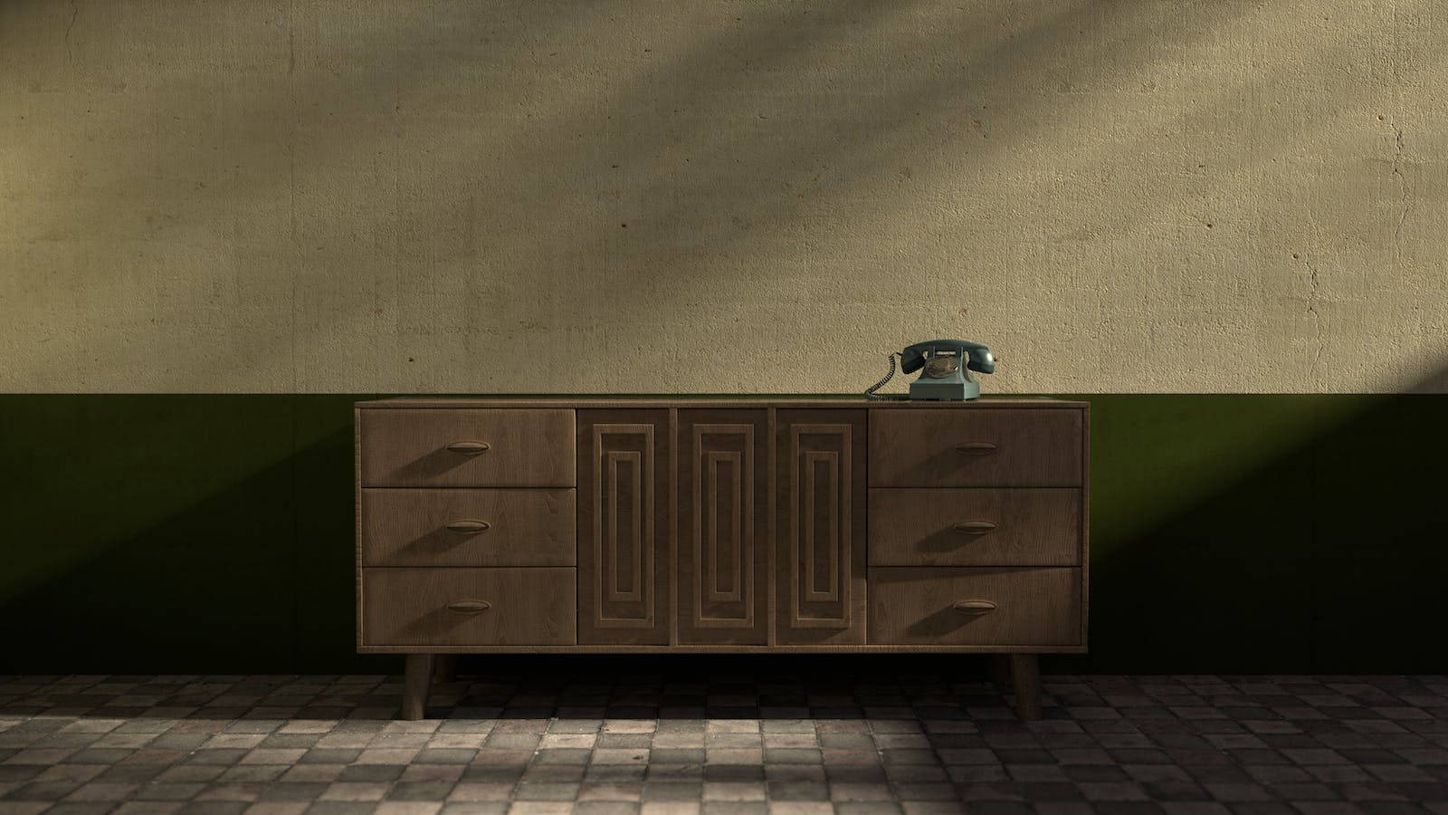 vintage wooden sideboard, retro telephone, two-toned wall, HD Desktop Wallpaper