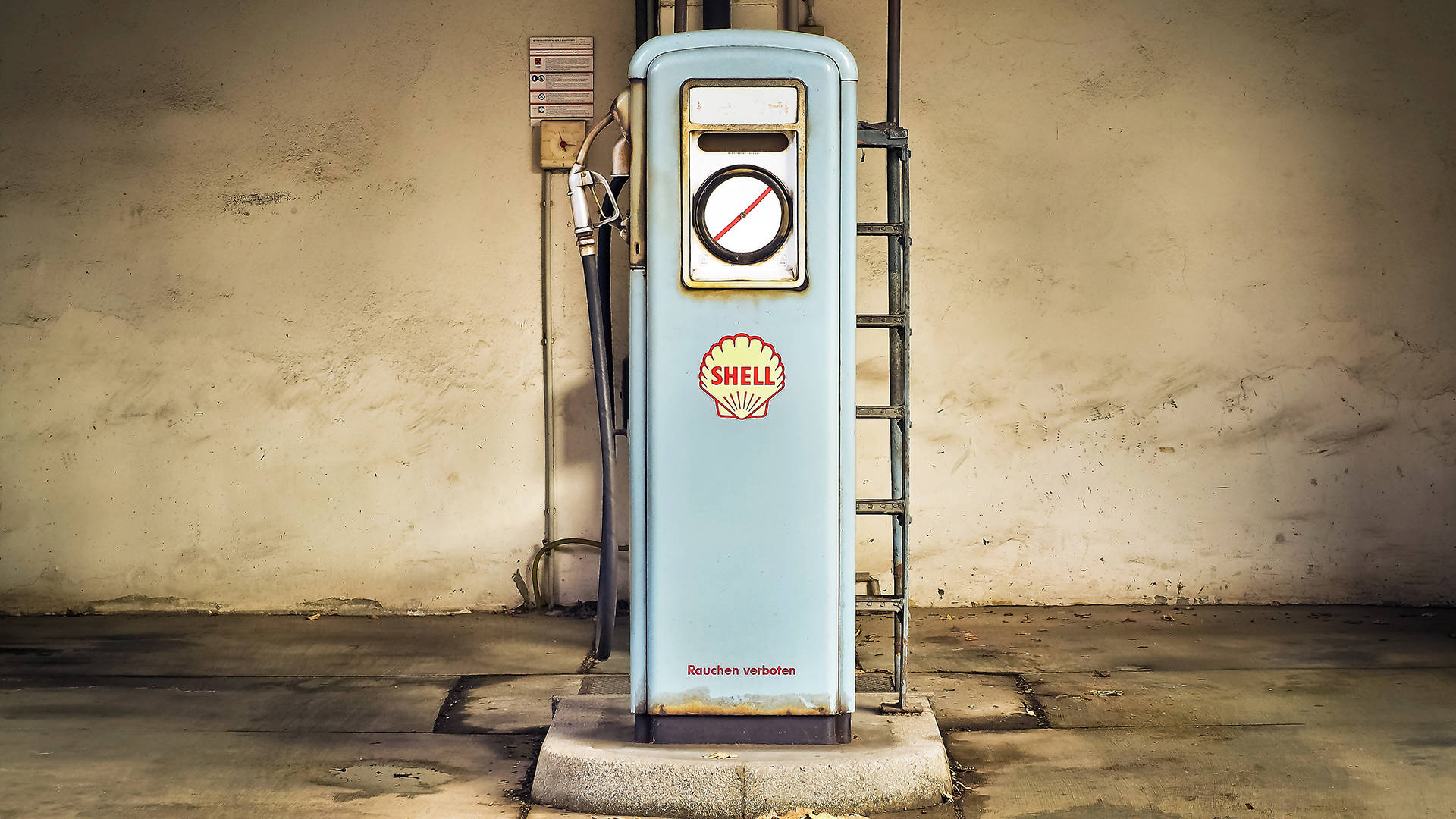 vintage light blue Shell gas pump, dusty abandoned garage, cracked concrete floor, Full HD Desktop Wallpaper