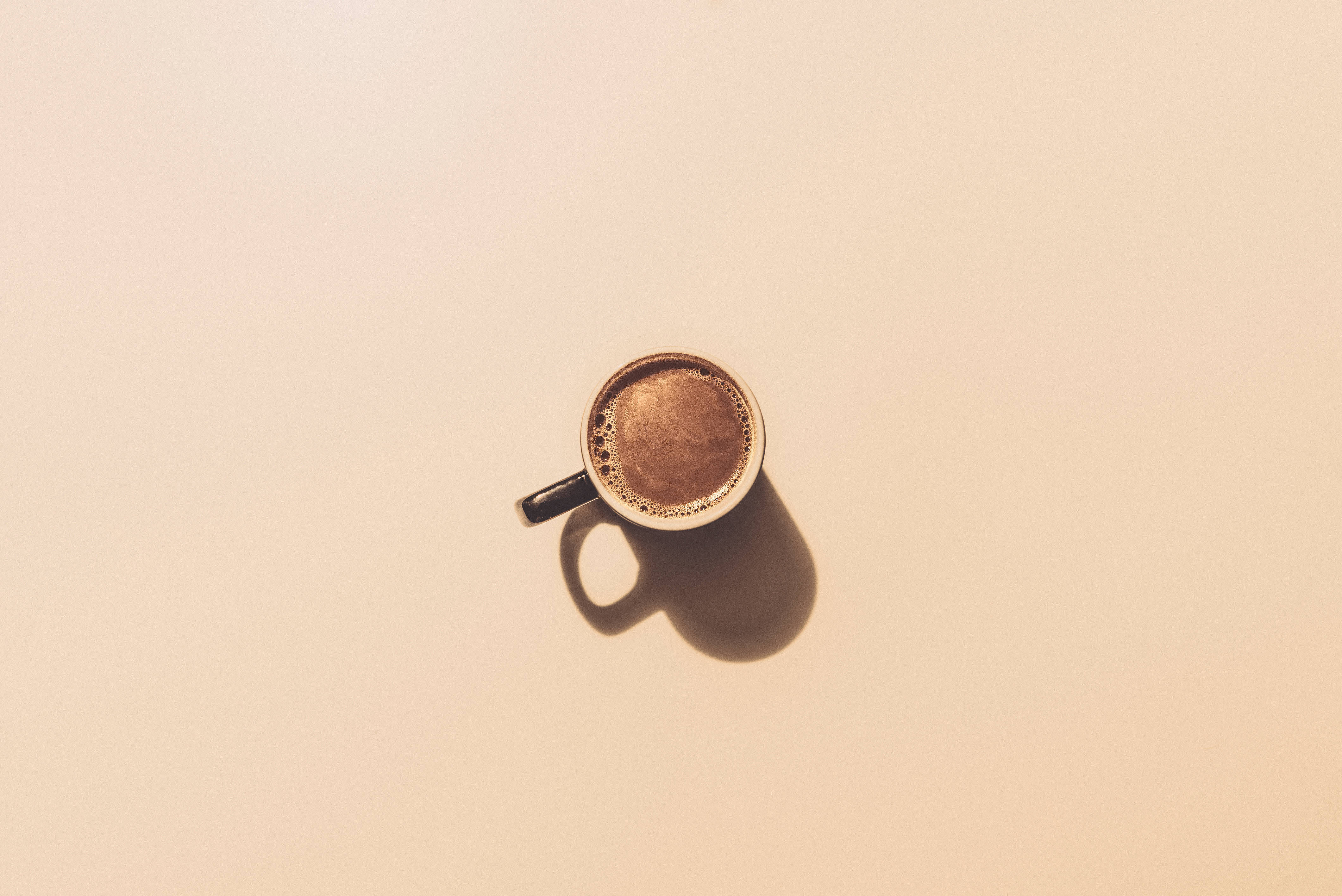 Transient Minimalism, steaming coffee cup, soft shadow, 4K Desktop Wallpaper