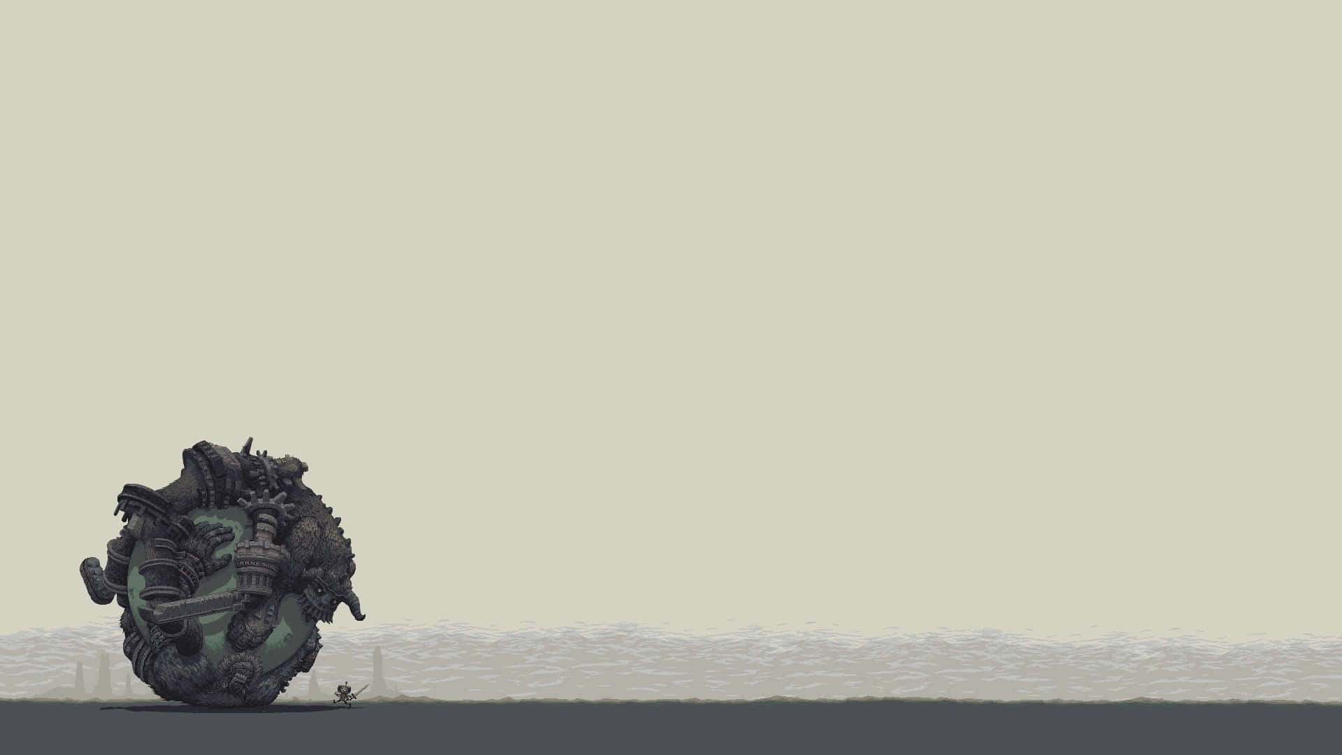 pixel-art warrior, mechanical sphere, minimalist desert landscape, Full HD Desktop Wallpaper
