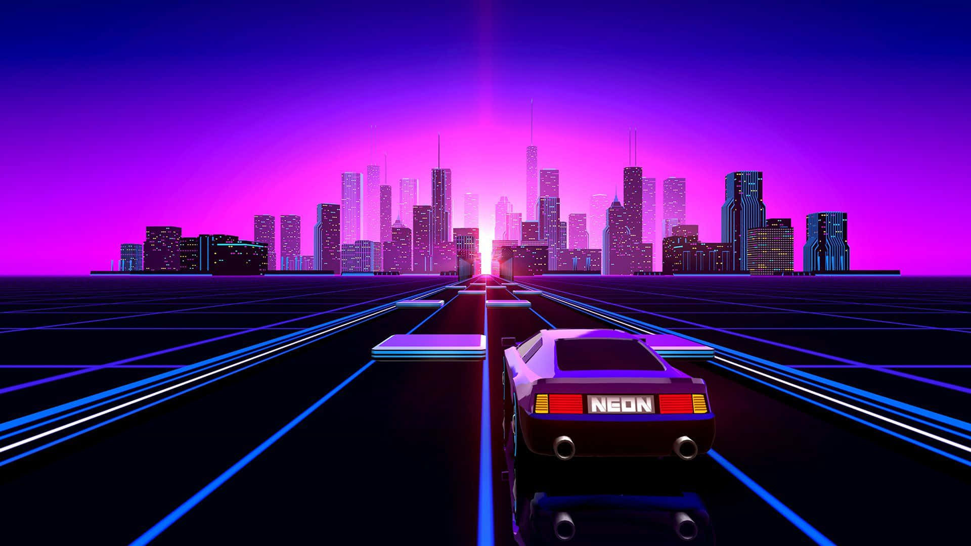 80s neon, neon-lit sports car, glowing grid road, Full HD Desktop Wallpaper
