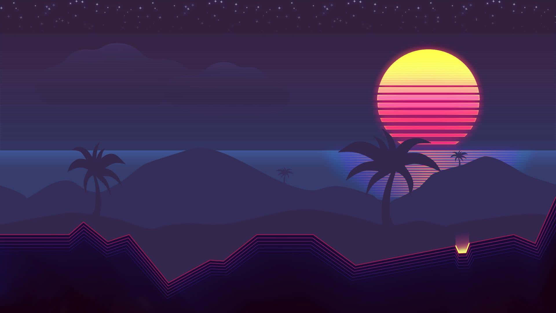 80s, neon, striped orange and pink sun, Full HD Desktop Wallpaper