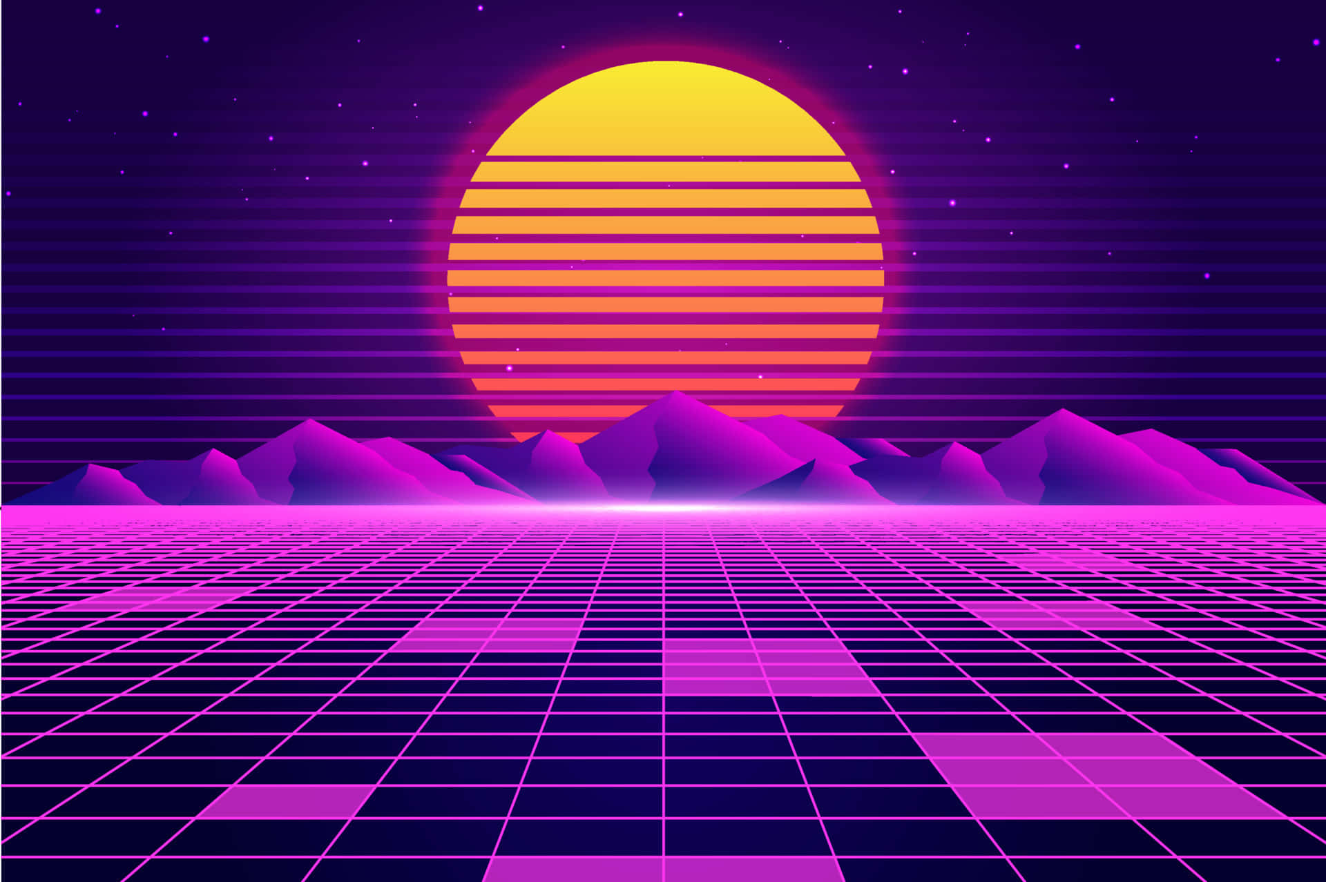 retrofuturistic sunset, striped orange sun, purple mountains, Full HD Desktop Wallpaper