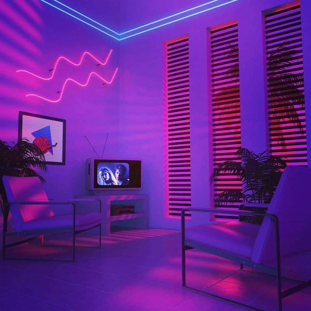 retro living room, vibrant purple neon light, pink neon light, SD Desktop Wallpaper