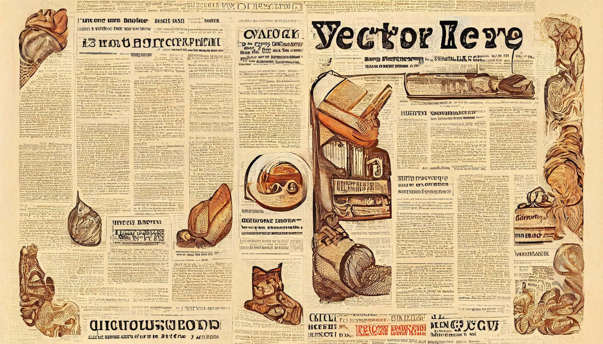 Vintage Newspaper, sepia tones, surreal illustrations, Full HD Desktop Wallpaper