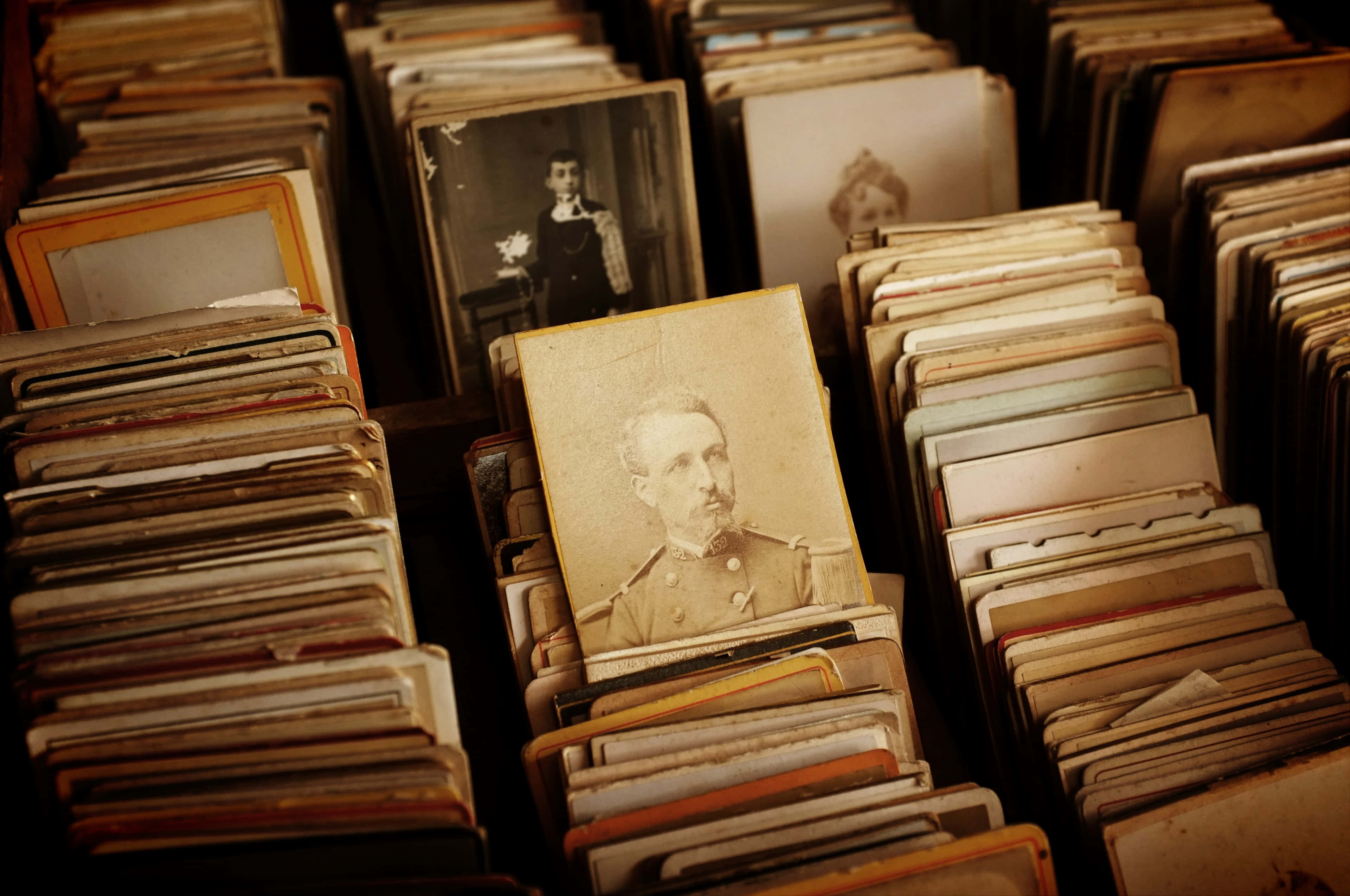 vintage newspaper, sepia-toned photographs, wooden frames, 4K Desktop Wallpaper