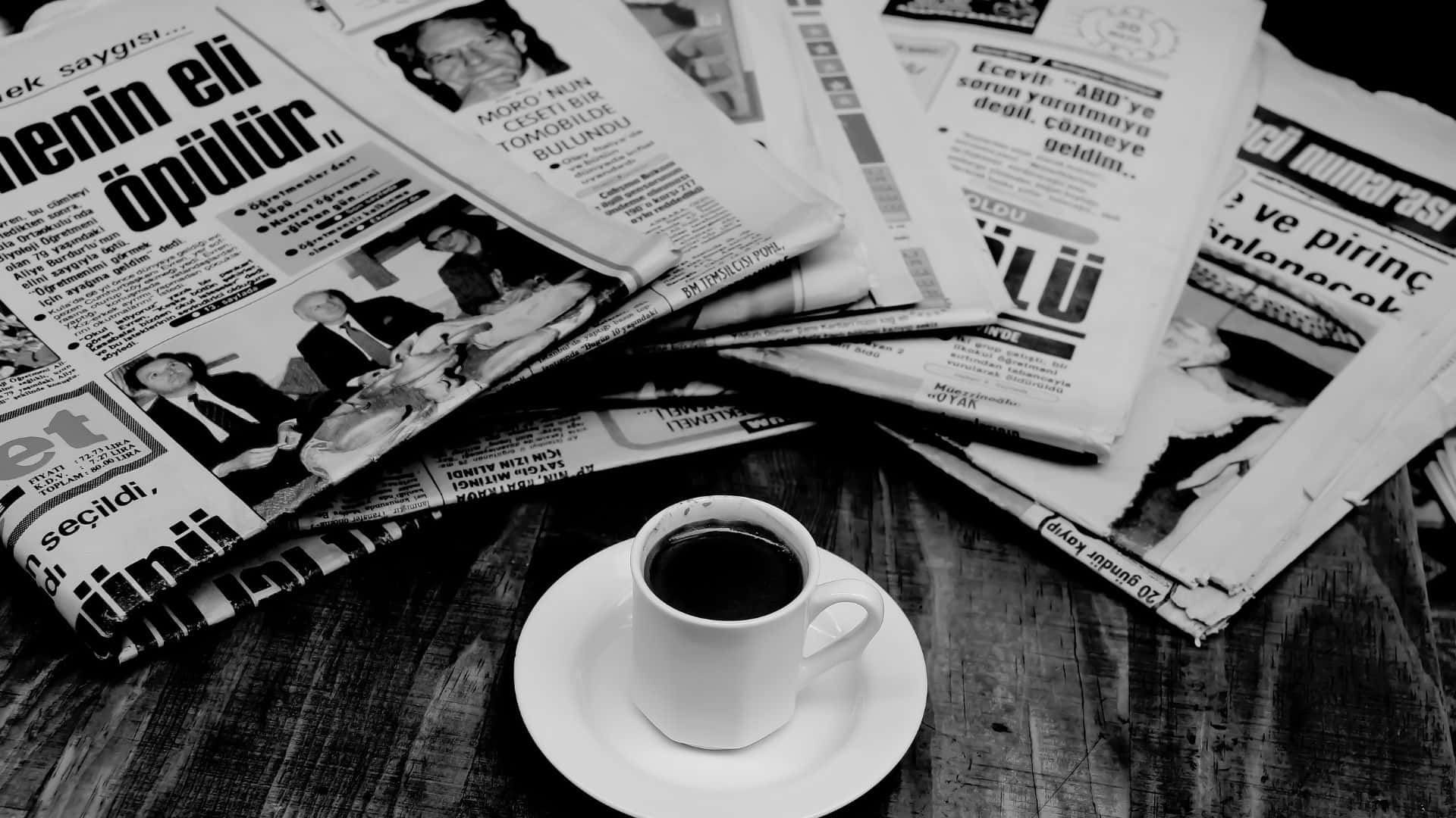 black and white newspaper, wooden table, cup of coffee, Full HD Desktop Wallpaper