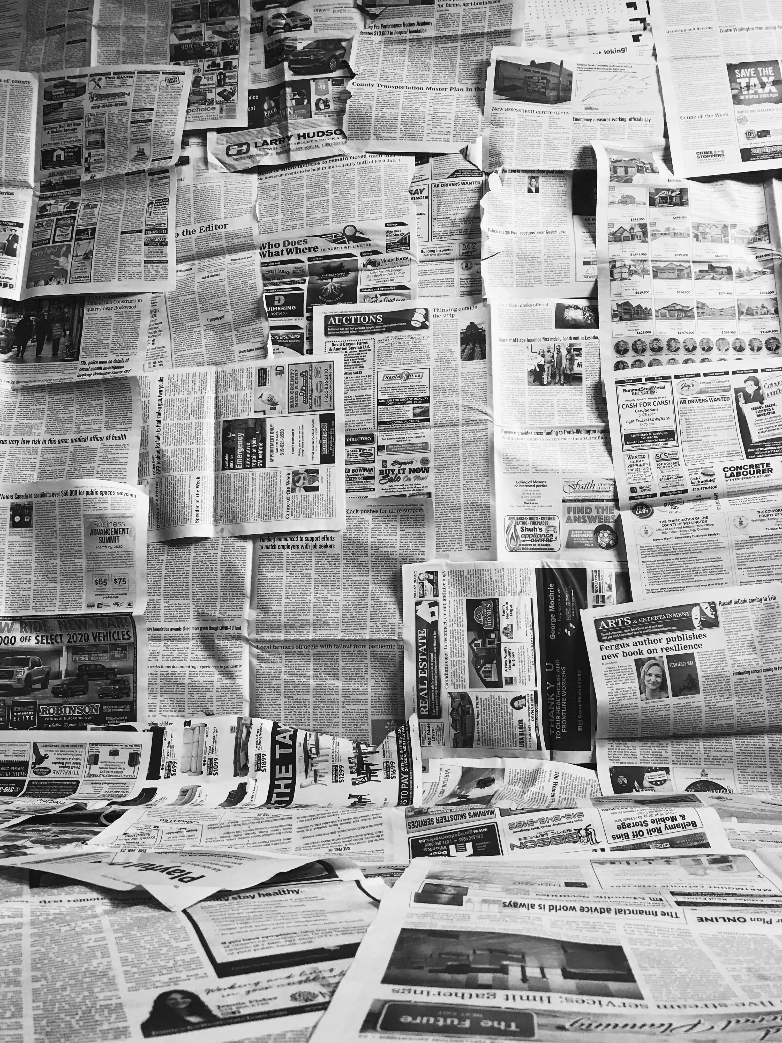 black and white newspaper, newspaper clippings, headlines, 4K Phone Wallpaper