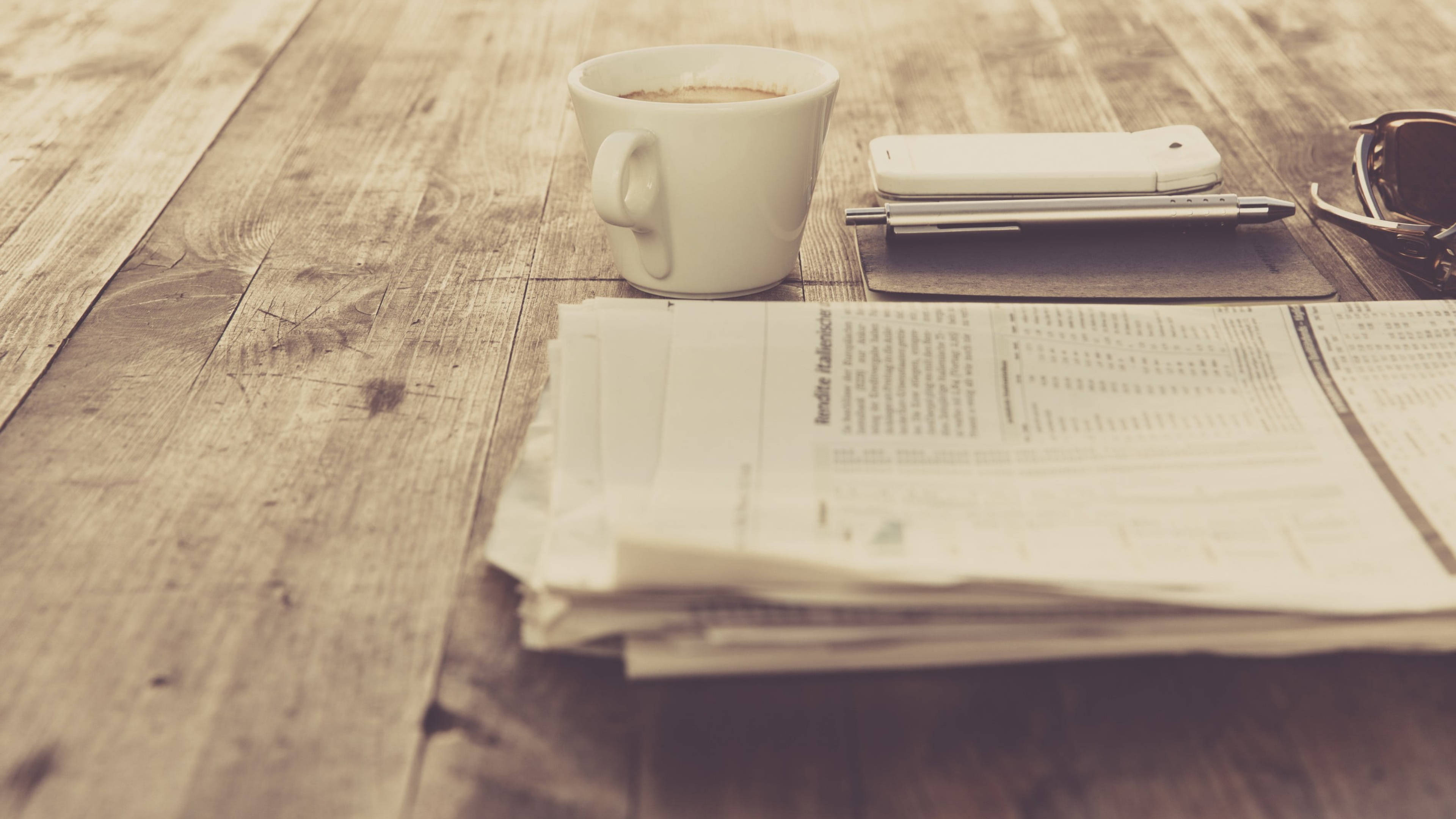 vintage newspaper, coffee cup, phone, 4K Desktop Wallpaper