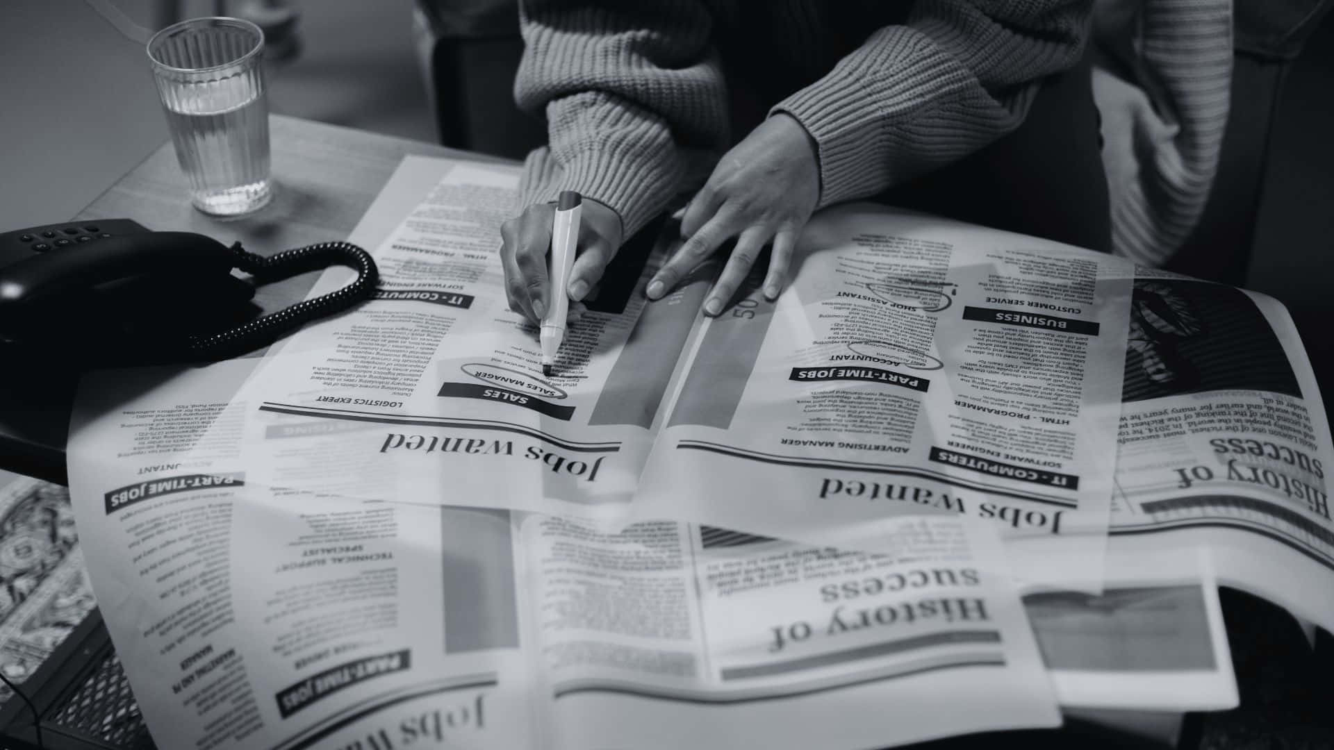 black and white newsprint, newspaper spread, job listings, Full HD Desktop Wallpaper