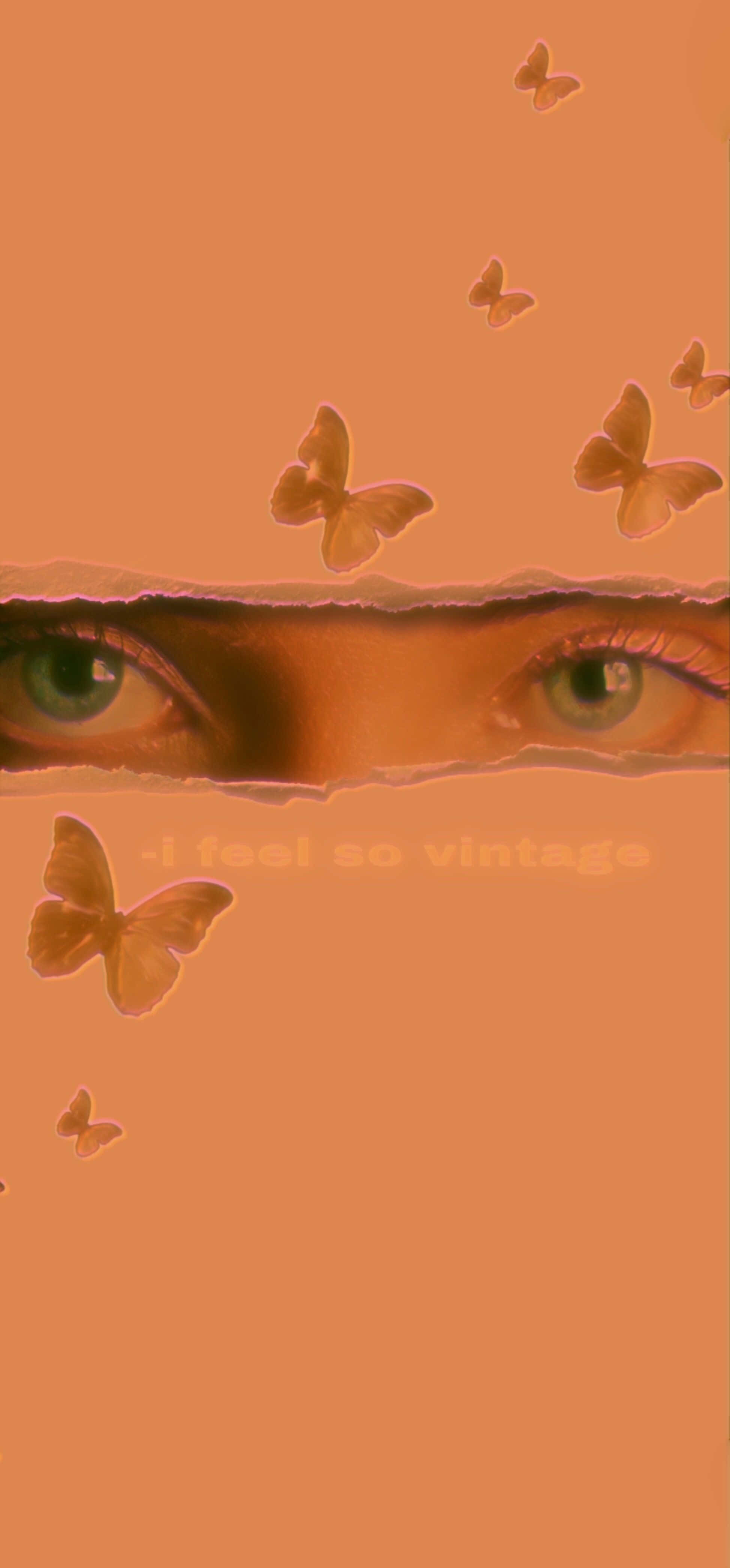 Vintage Peach, green eyes, torn orange paper, 4K Phone Wallpaper