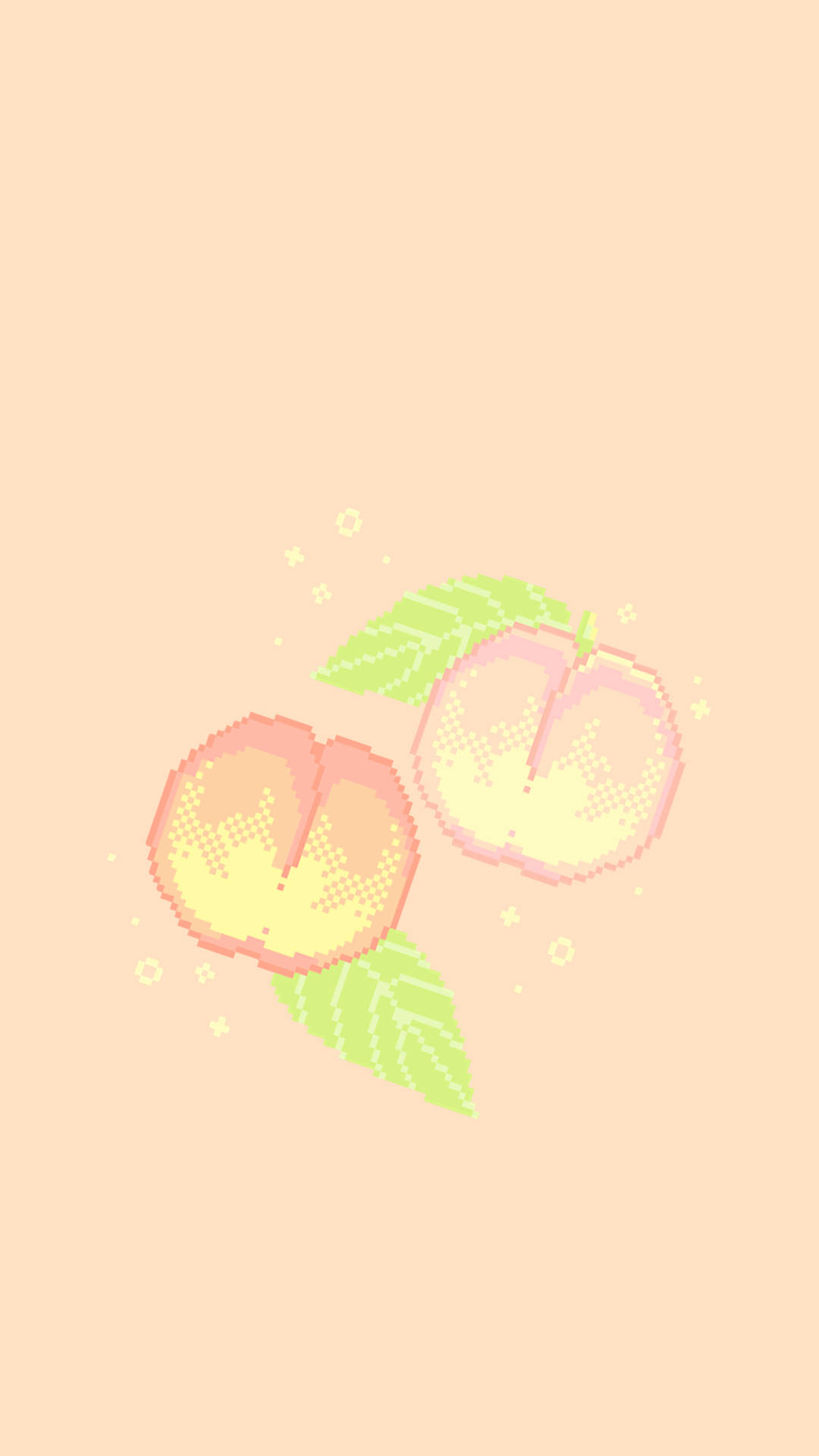 peach fruits, pixelated peaches, green leaves, Full HD Phone Wallpaper
