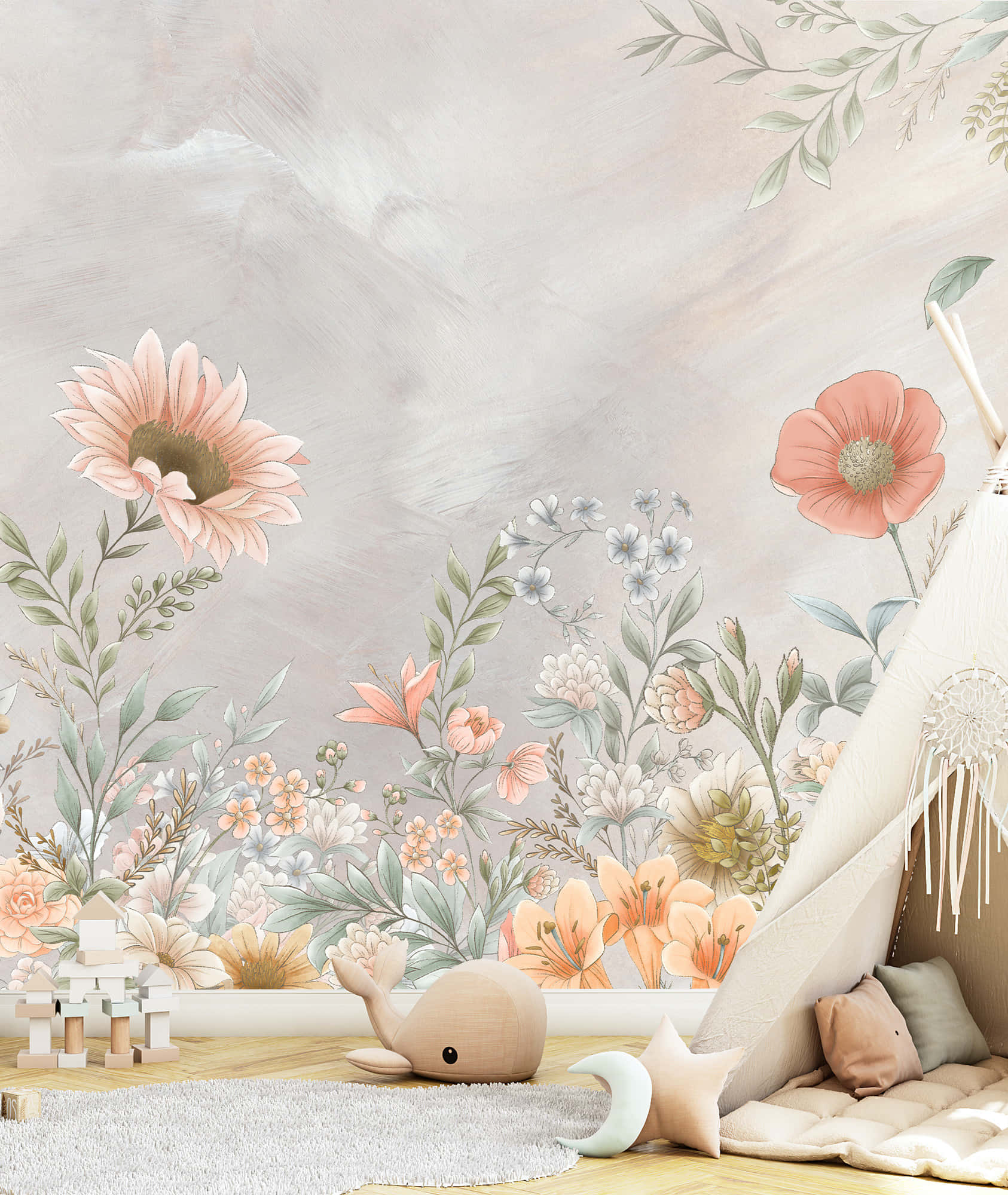 vintage peach, pastel floral wallpaper, sunflowers, Full HD Phone Wallpaper
