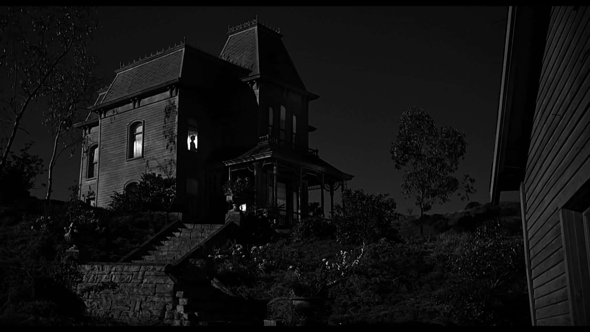 black and white film, Victorian house, night, Full HD Desktop Wallpaper