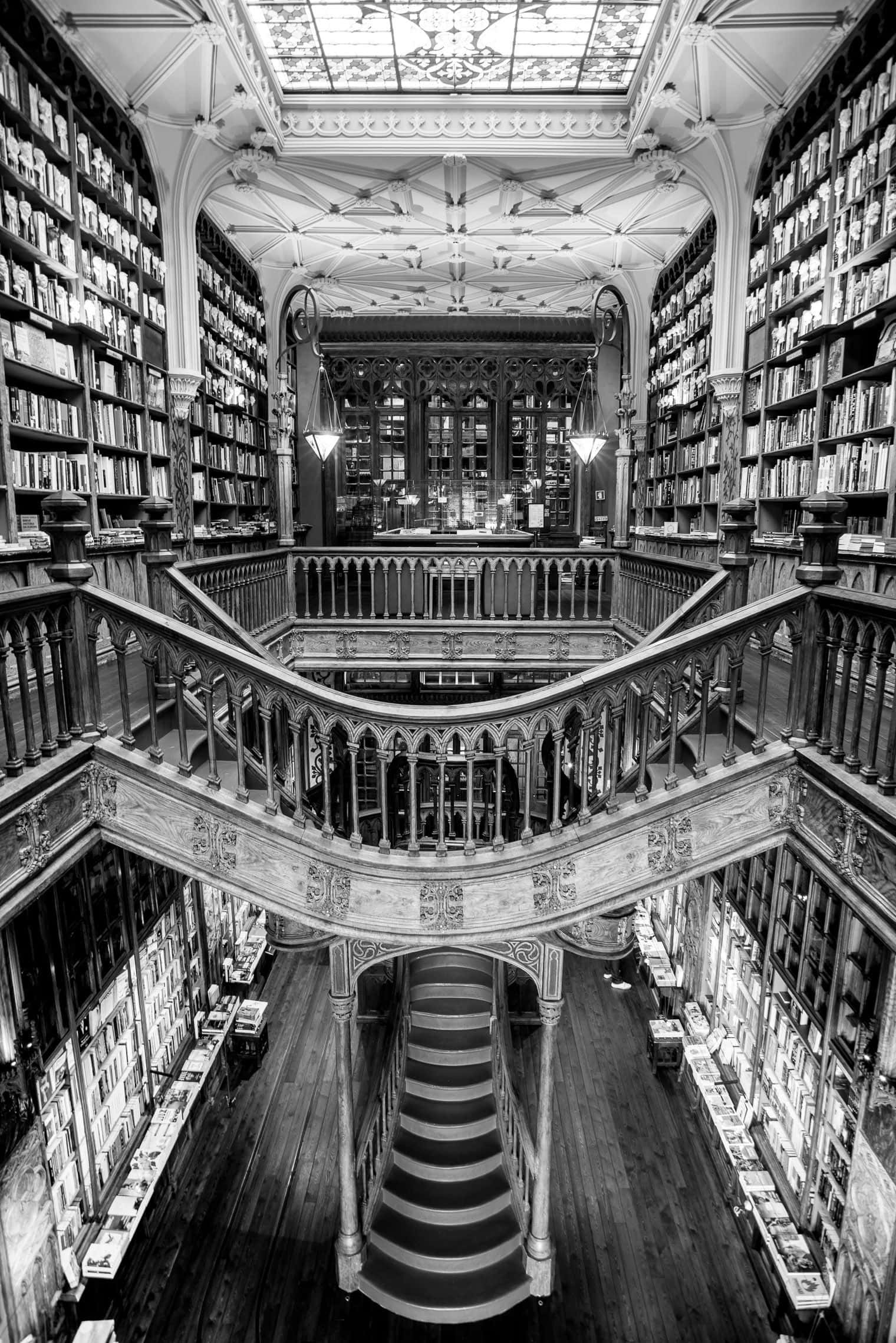 vintage black and white photography, ornate staircase, towering bookshelves, Full HD Phone Wallpaper