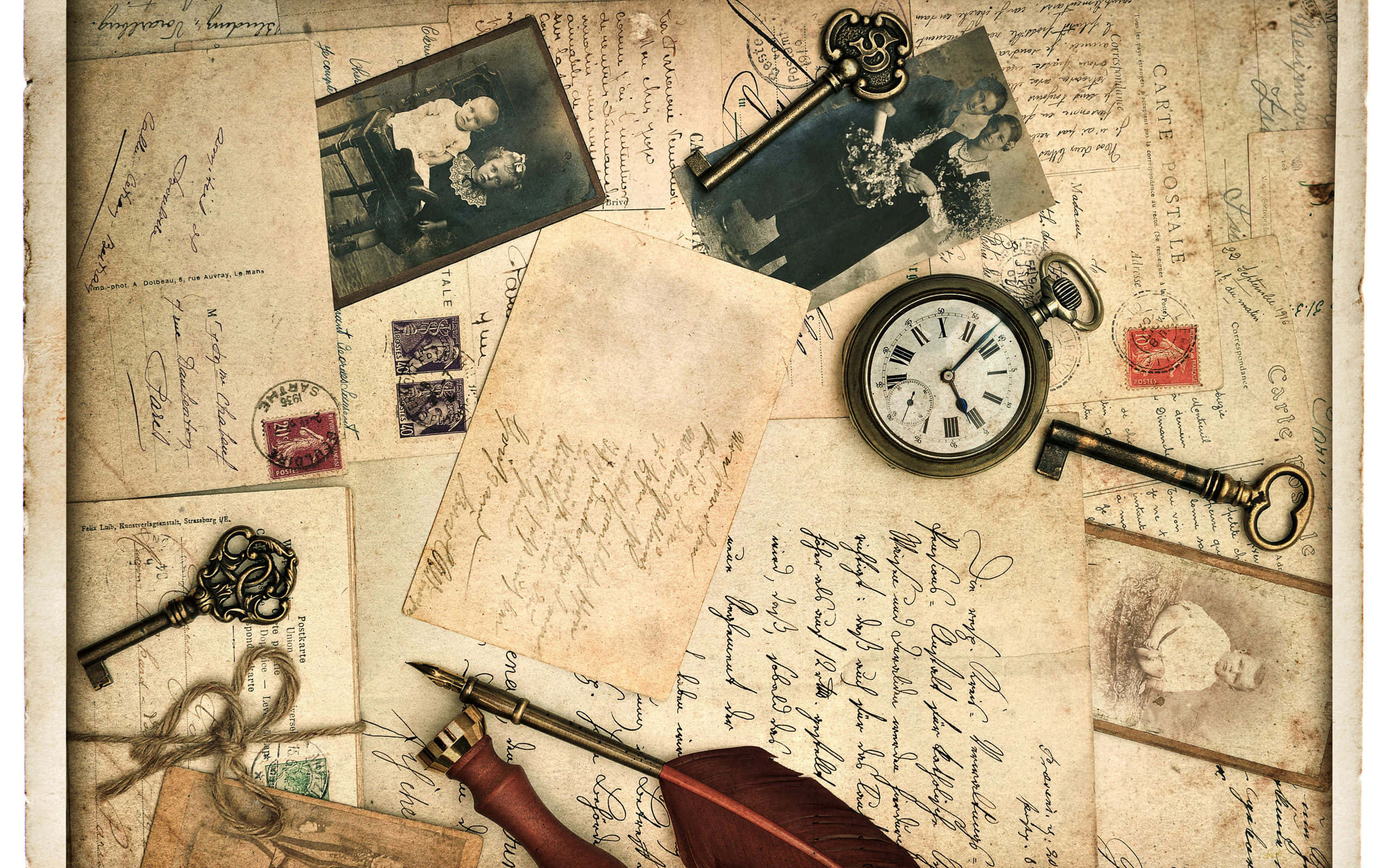 Classic Elegance, vintage collage, aged letters, 2K Desktop Wallpaper