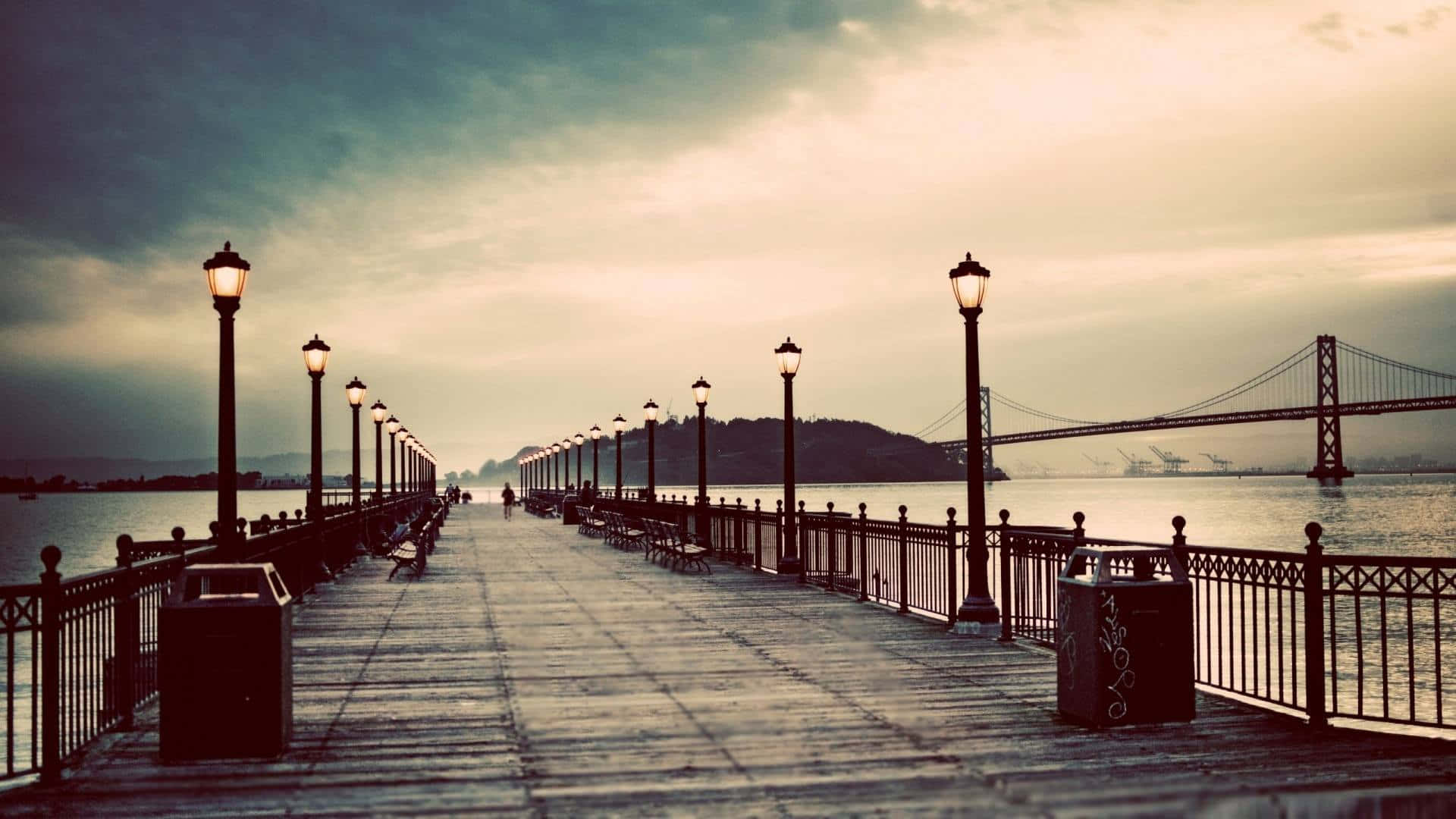 sepia, long wooden pier, glowing lamps, Full HD Desktop Wallpaper